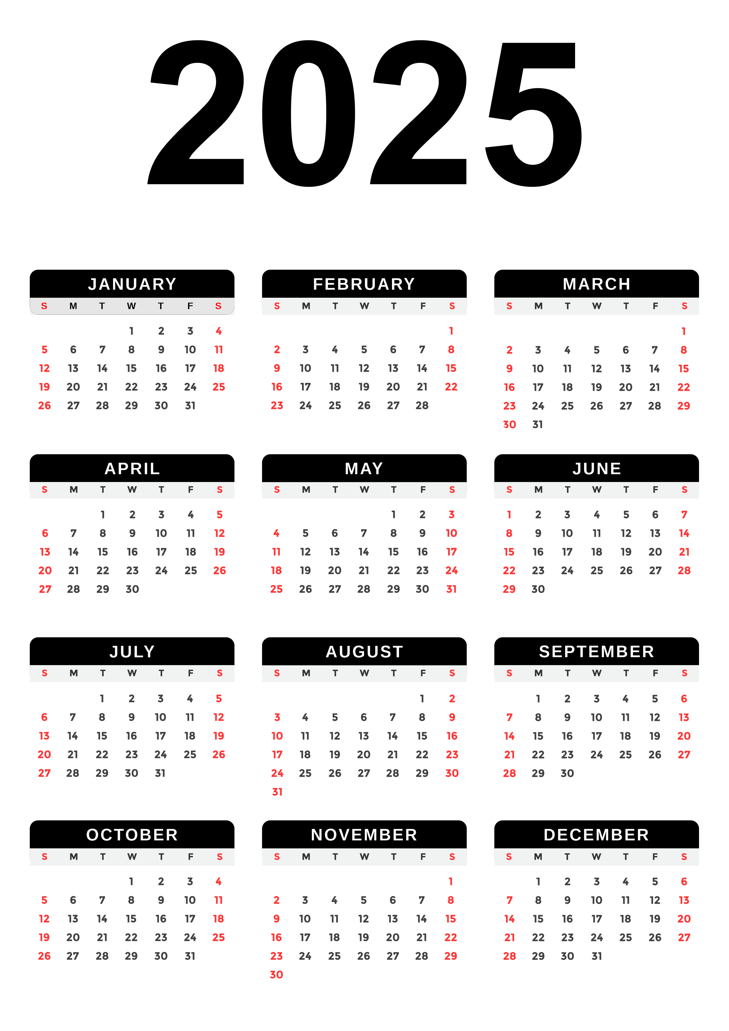 2025 Calendar with Transparent Background Black PNG