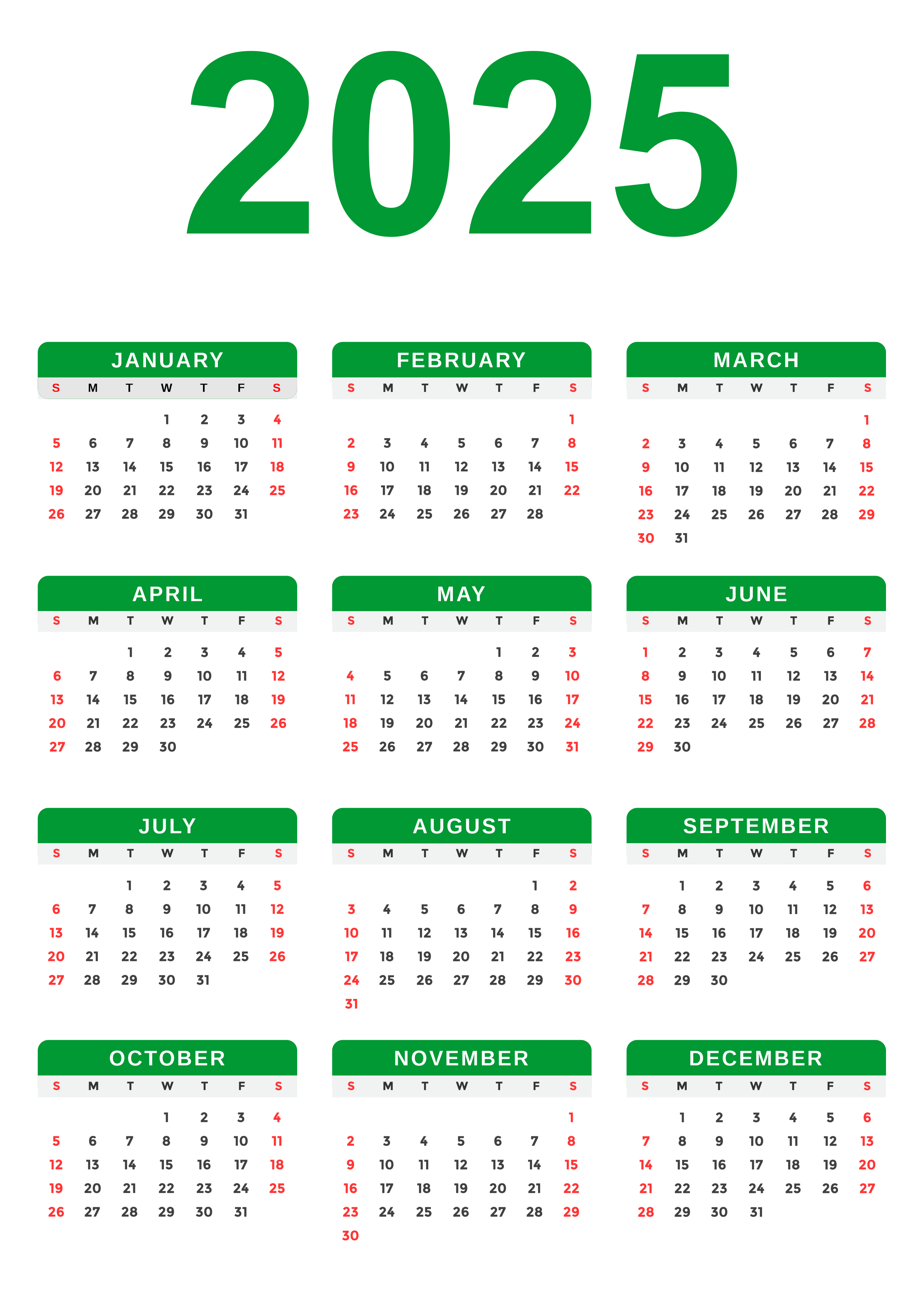 2025 Calendar with Transparent Background Green PNG