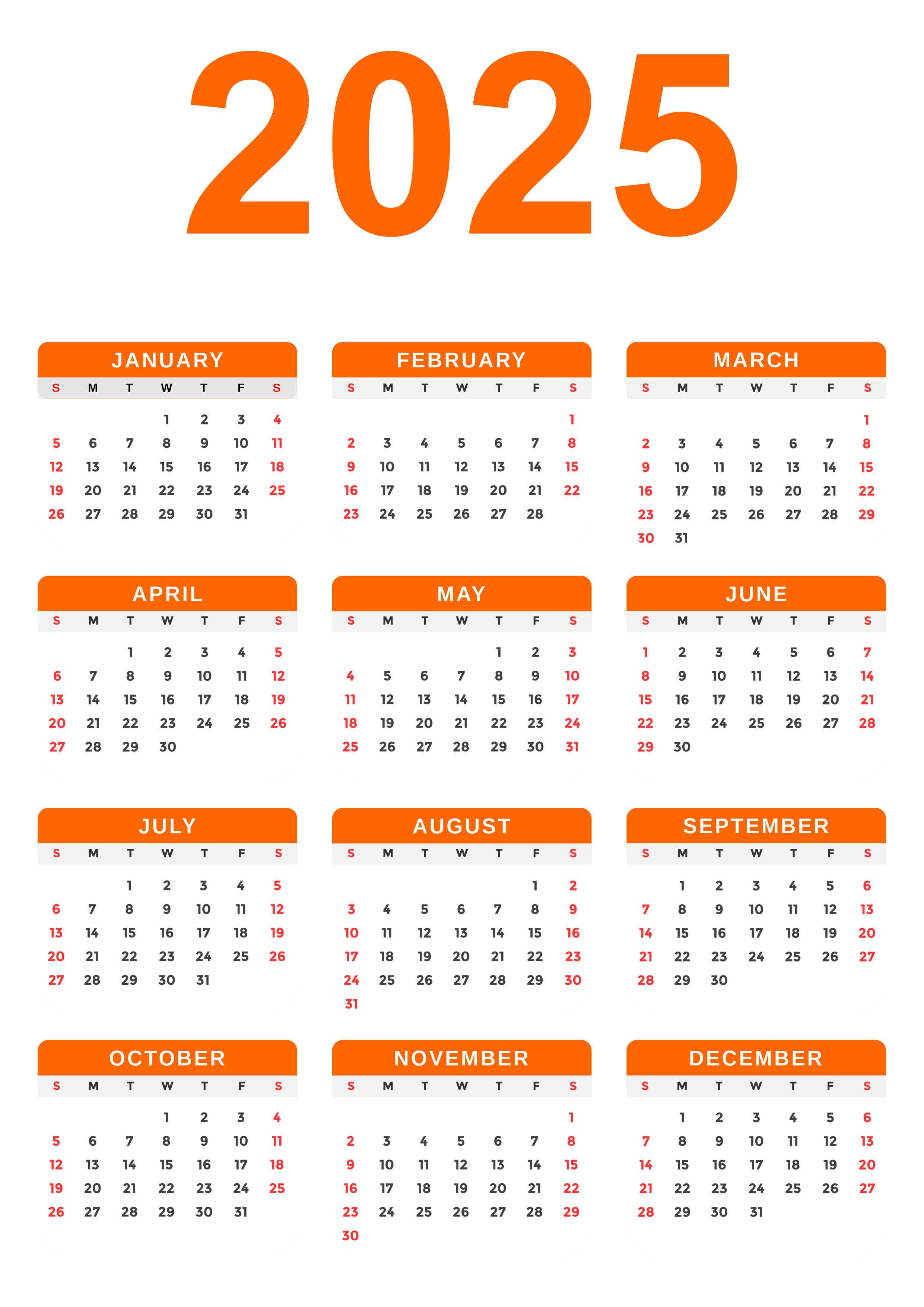 2025 Calendar with Transparent Background Orange PNG