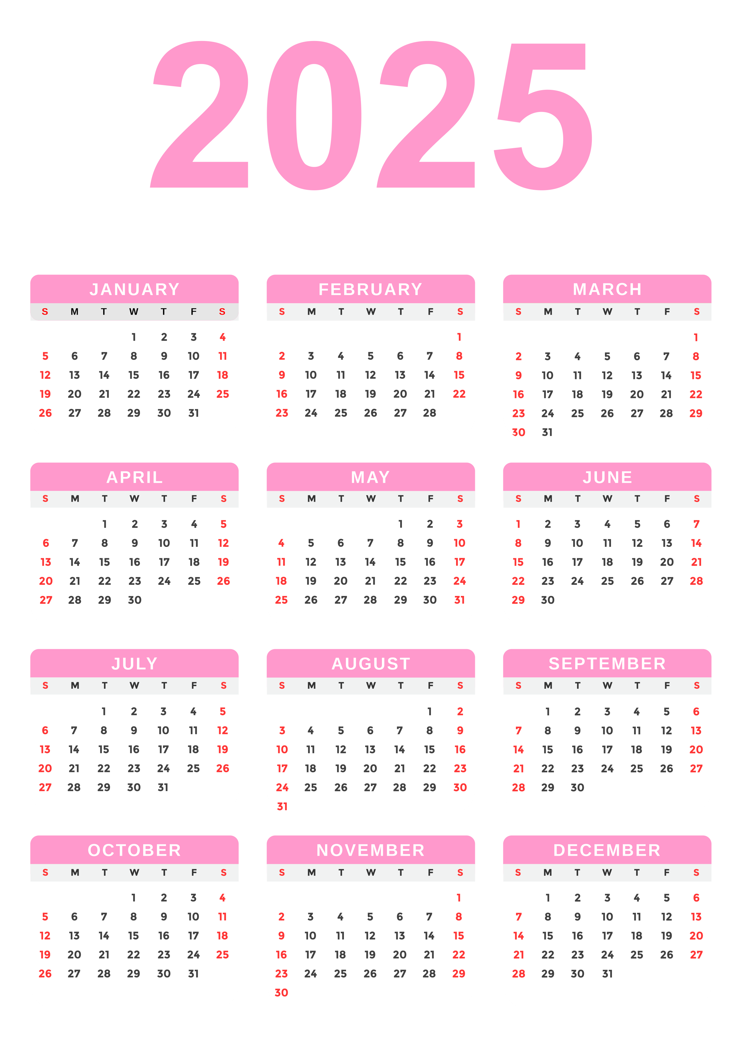 2025 Calendar with Transparent Background Pink PNG