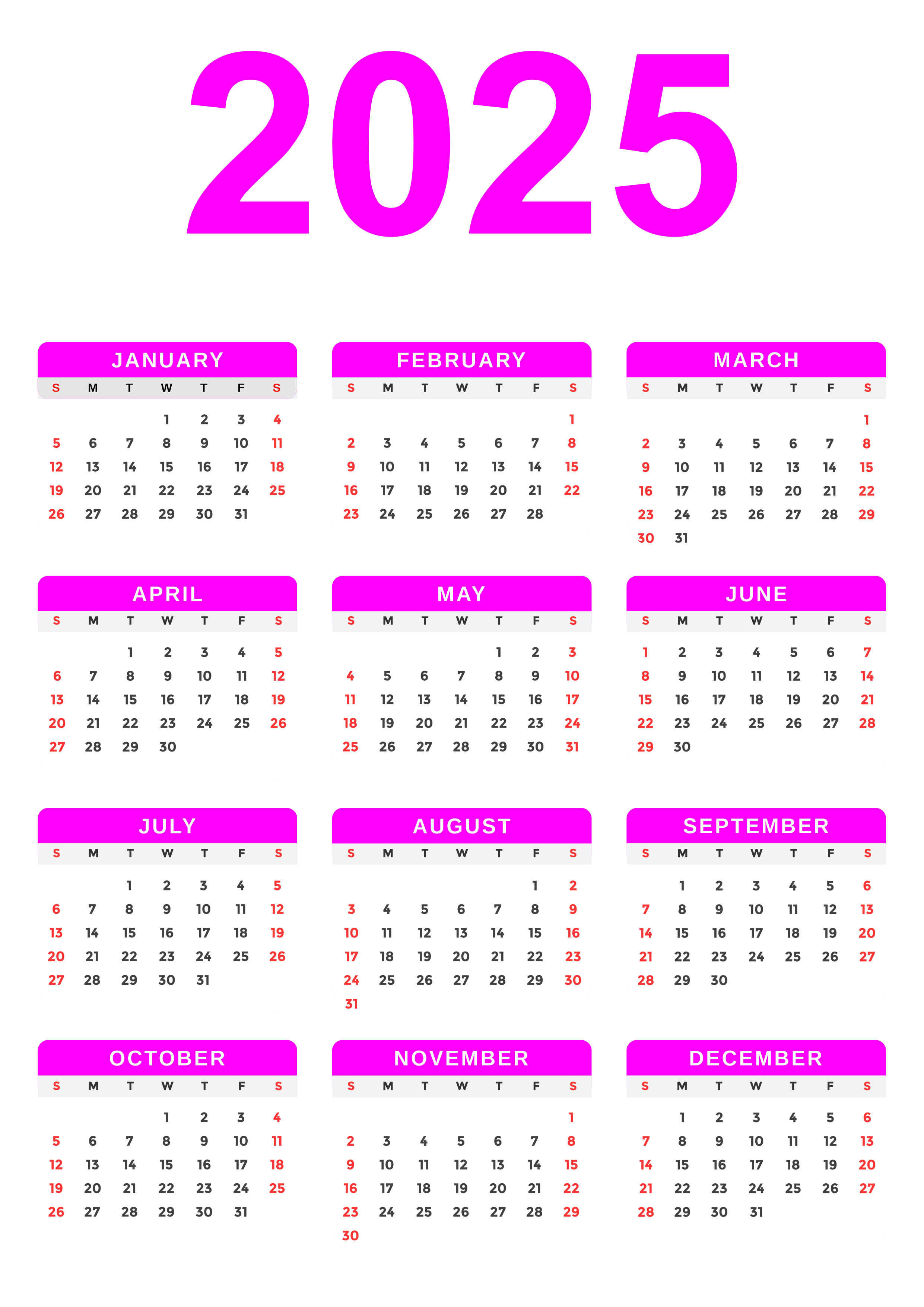 2025 Calendar with Transparent Background Pink Color PNG