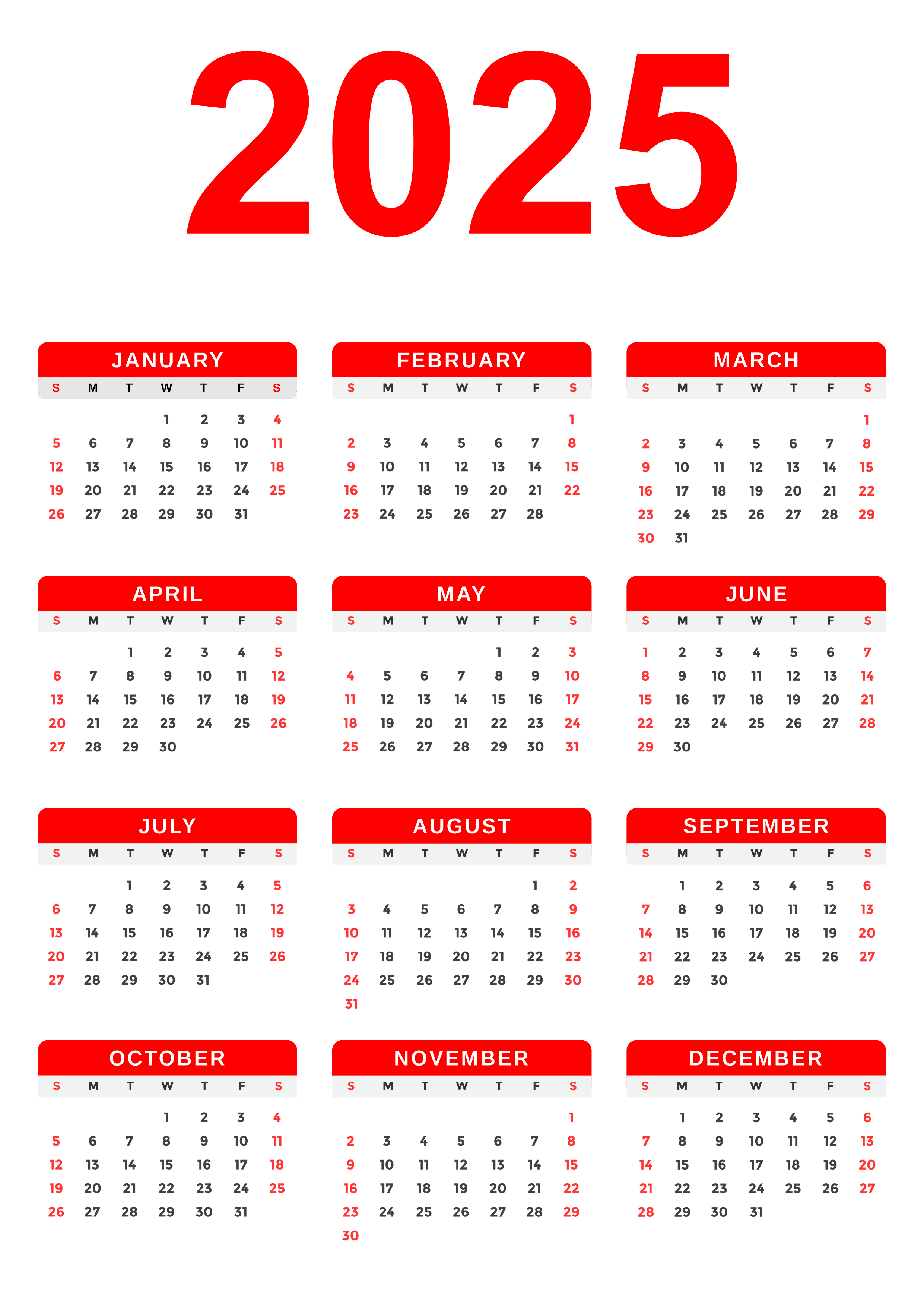 2025 Calendar with Transparent Background Red PNG