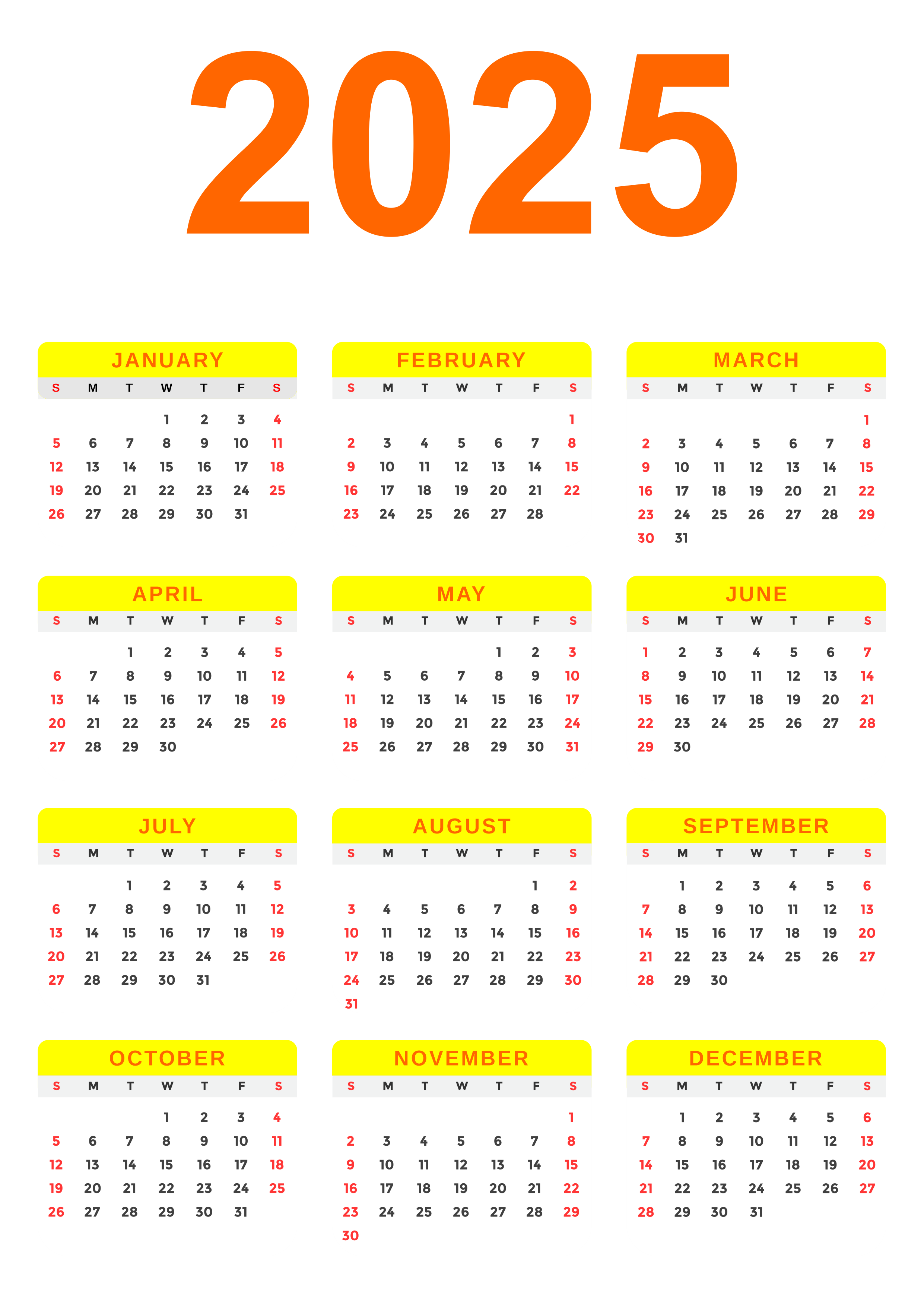 2025 Calendar with Transparent Background Yellow PNG