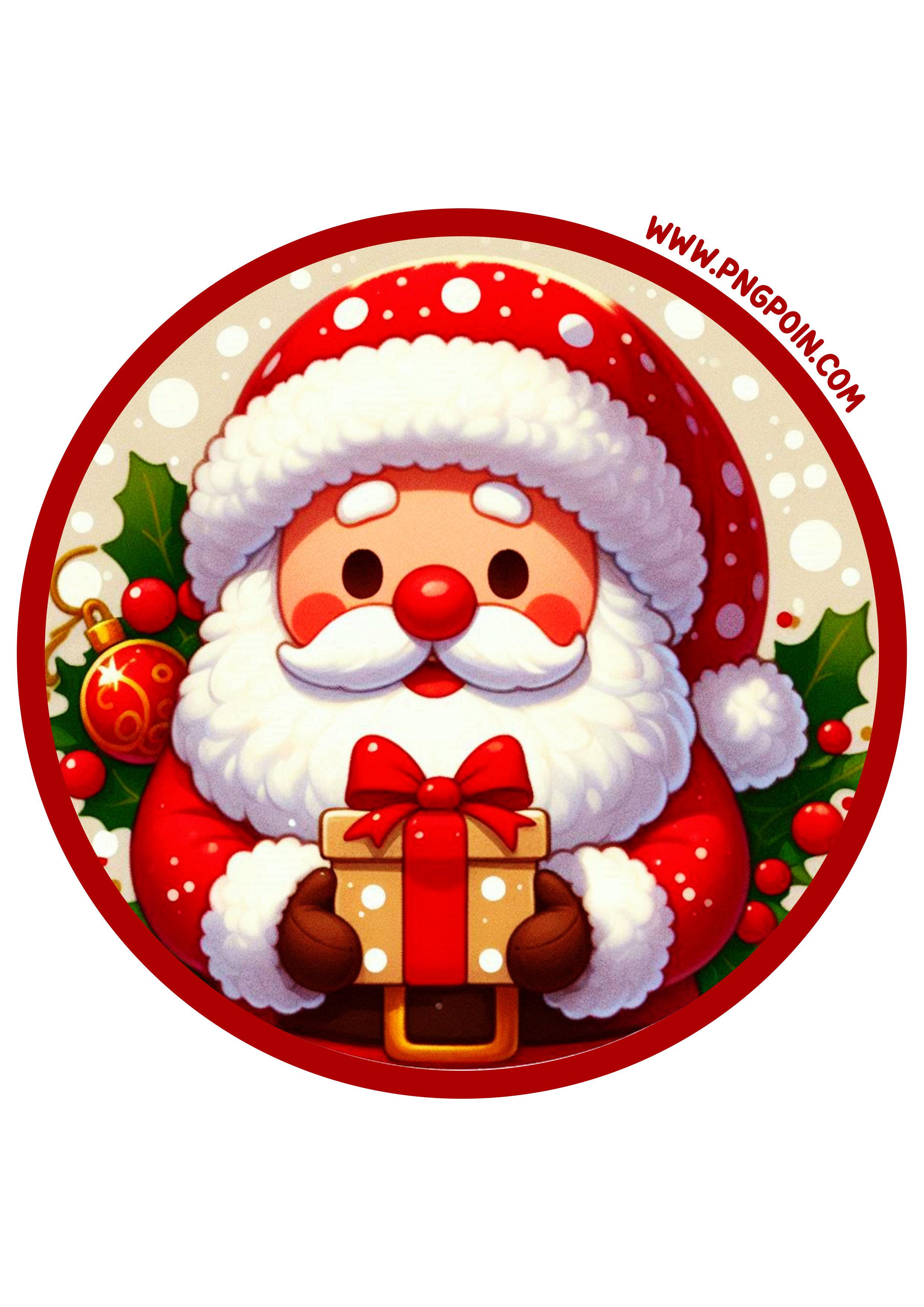 Round Christmas Sticker Design: Classic Santa Claus Illustration PNG