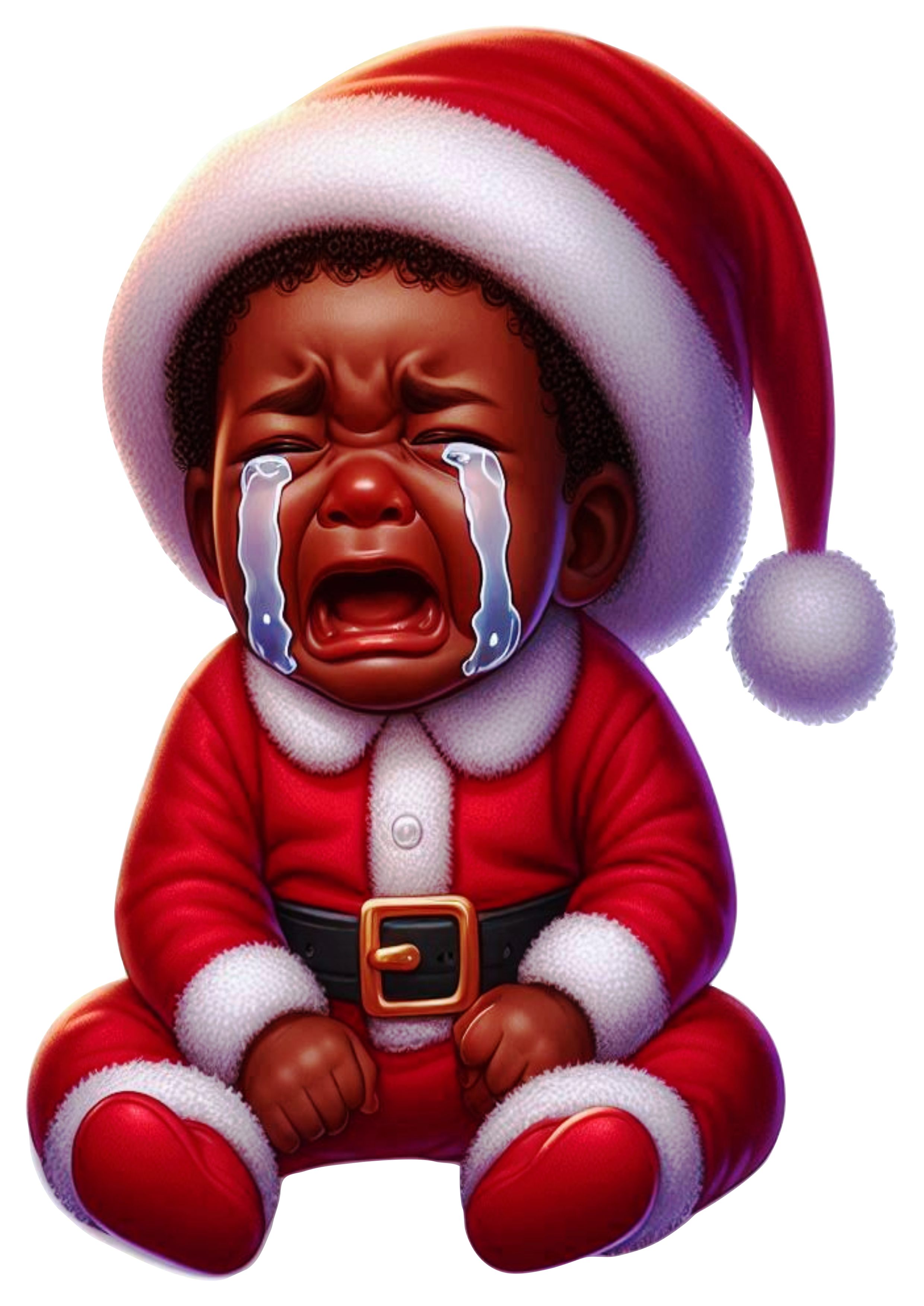 Festive PNG: Black Baby Crying in Cute Christmas Outfit for Holiday Designs