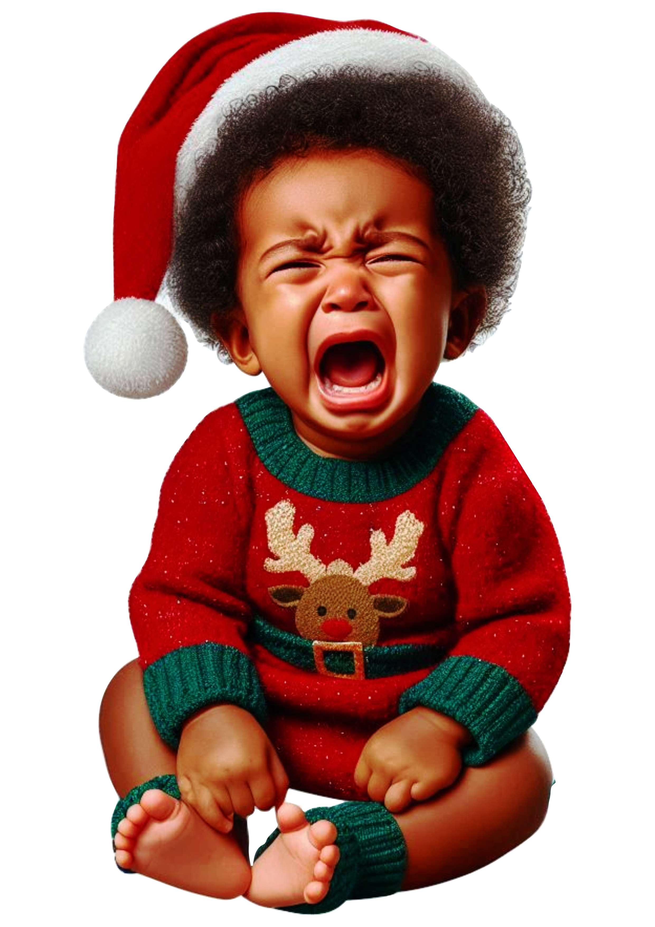 Holiday Art: Black Baby crying in Christmas Clothes – Transparent Background