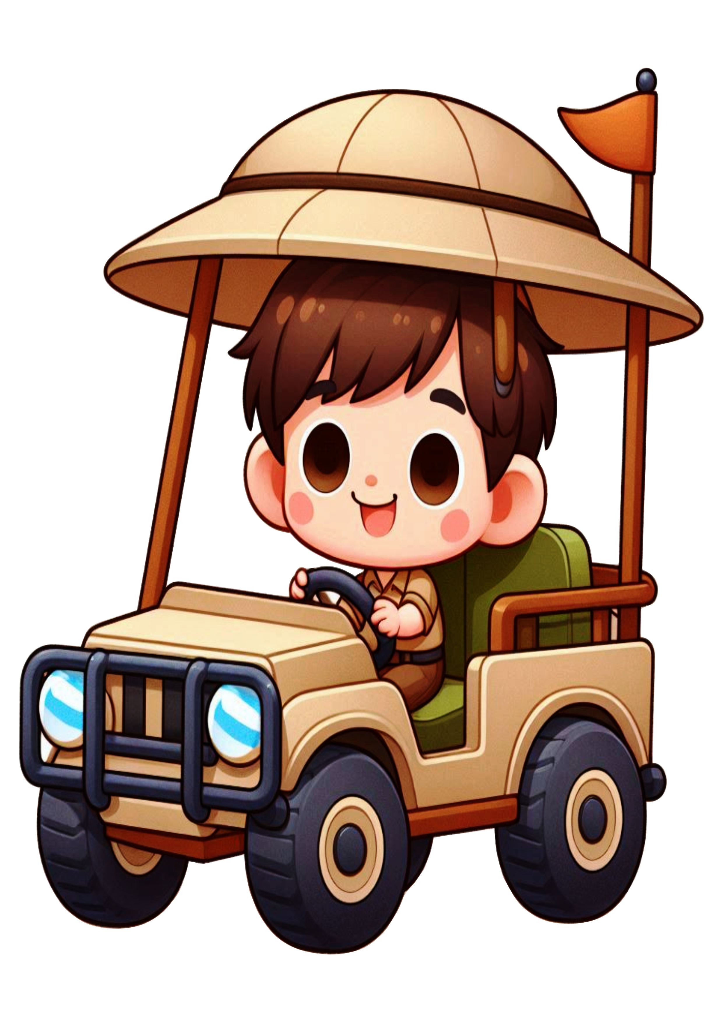 Exploring Safari: Boy Adventurer in Safari Cart – PNG Image for Printing