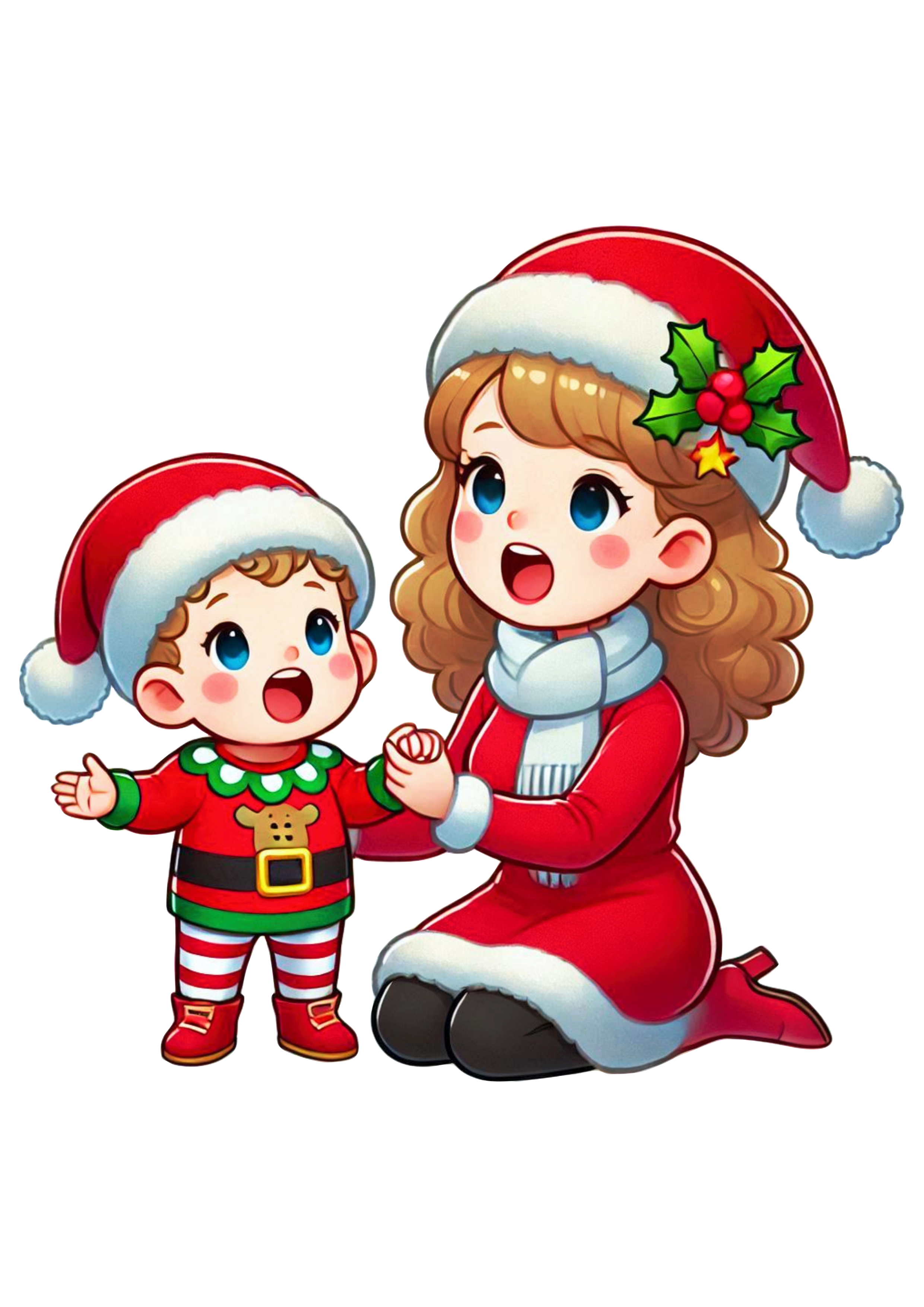 Mother and Child in Christmas Outfits – Transparent PNG Illustration