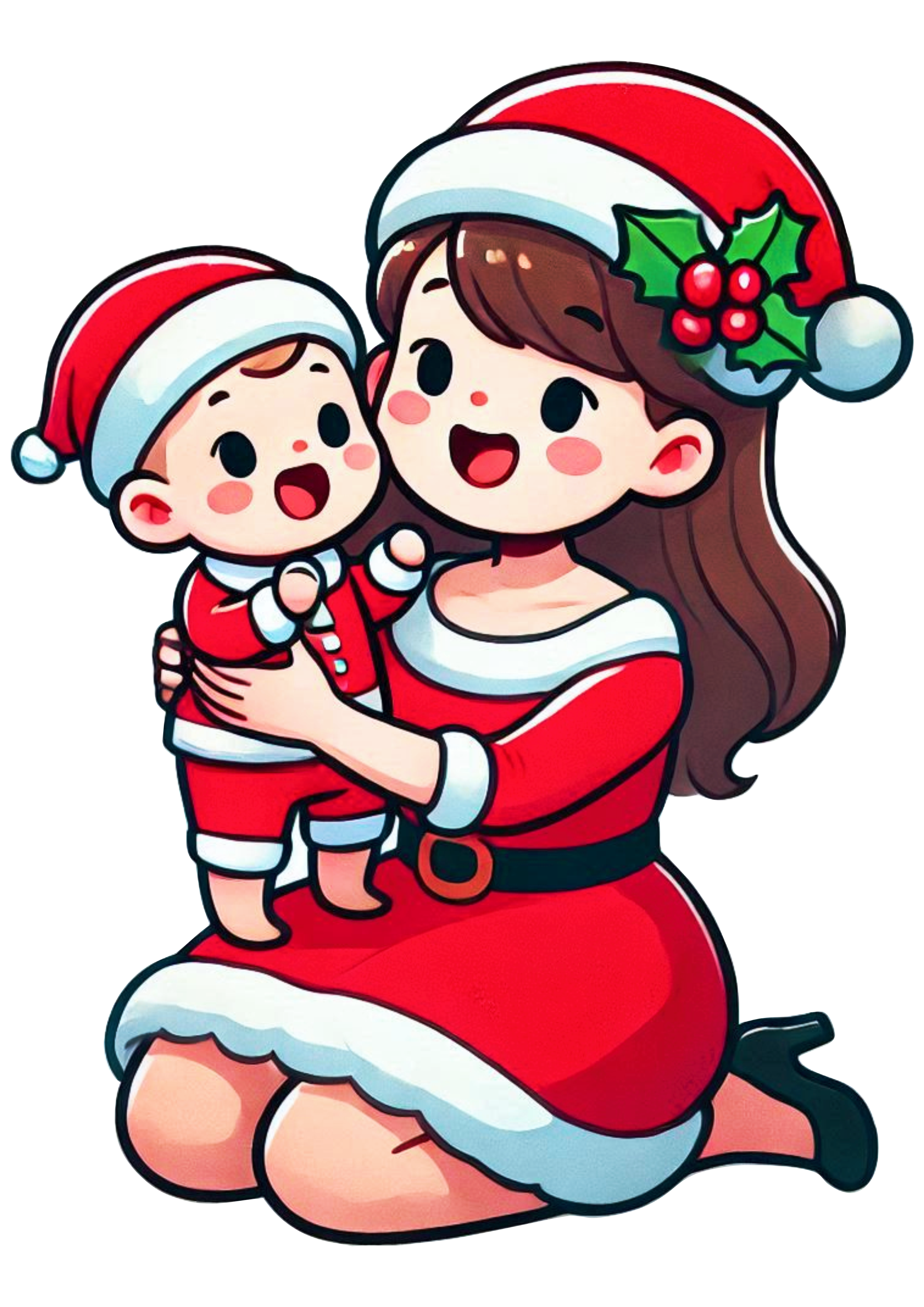 Family Christmas Art: Mother and Child in Festive Style PNG