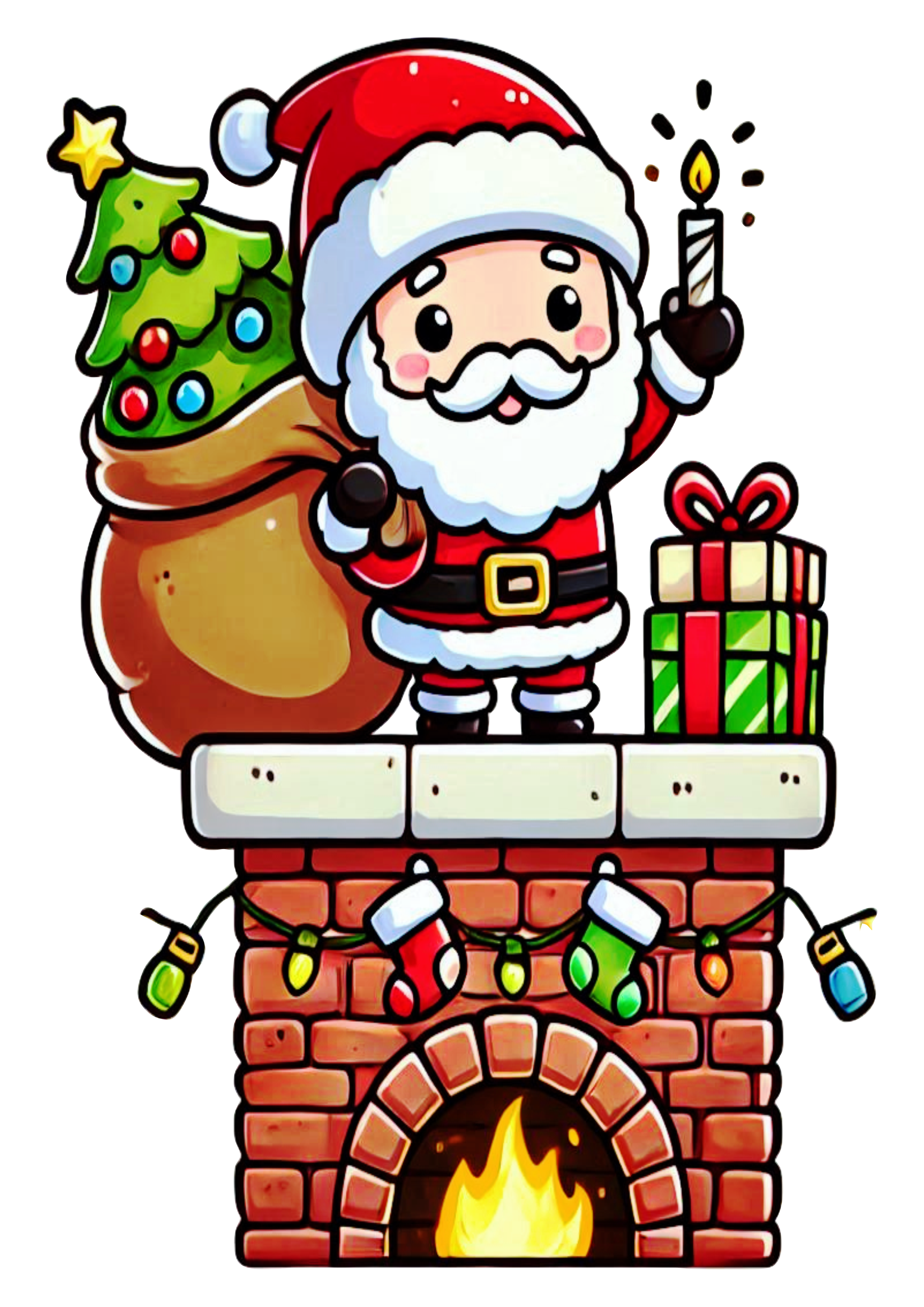 Christmas Art: Santa with Gifts on the Chimney in PNG Format