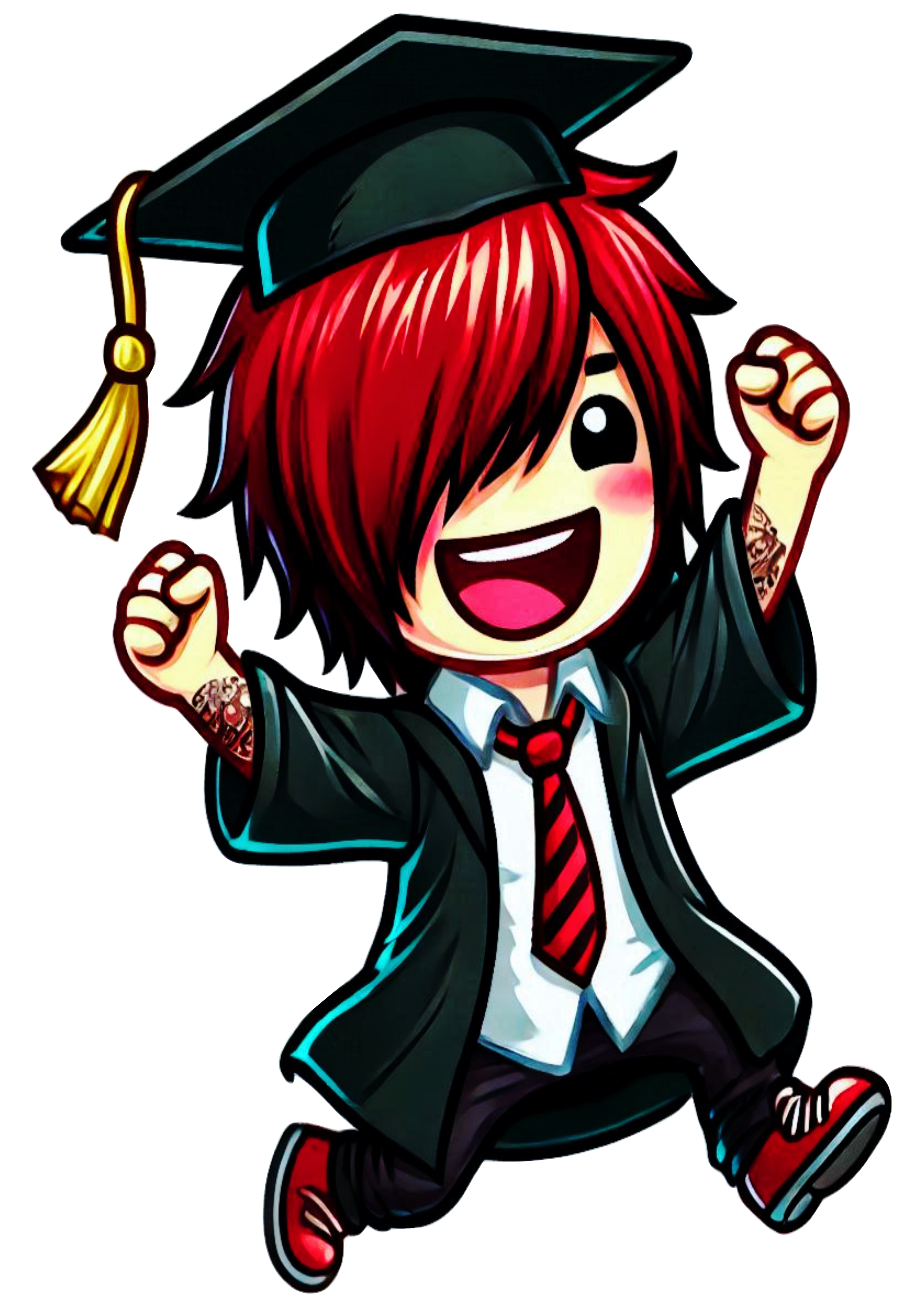 Illustration Young emo boy graduation outfit free download student artwork alternative style red hair tattoo PNG