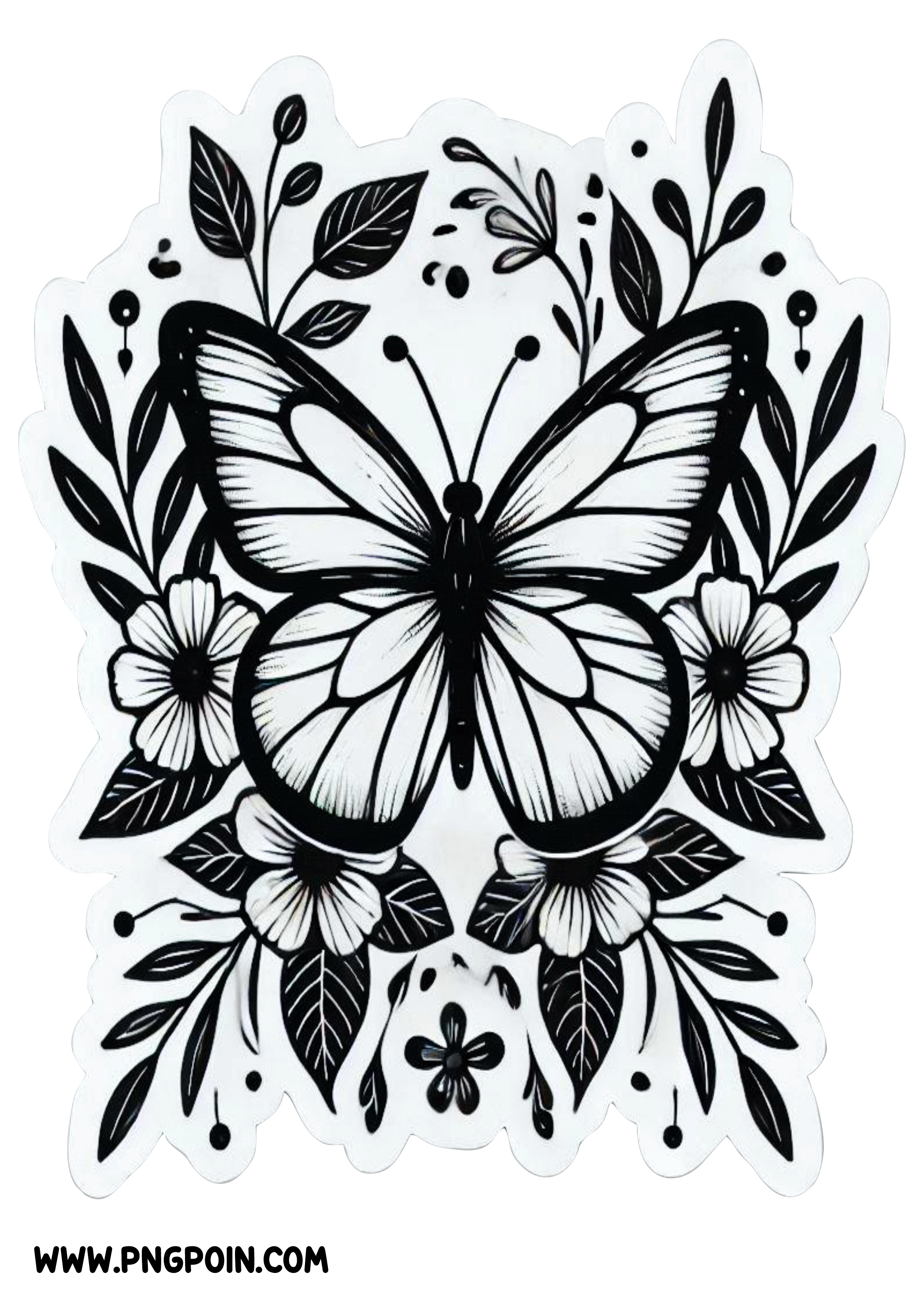 Butterfly with Flowers: Minimalist Tattoo Design PNG