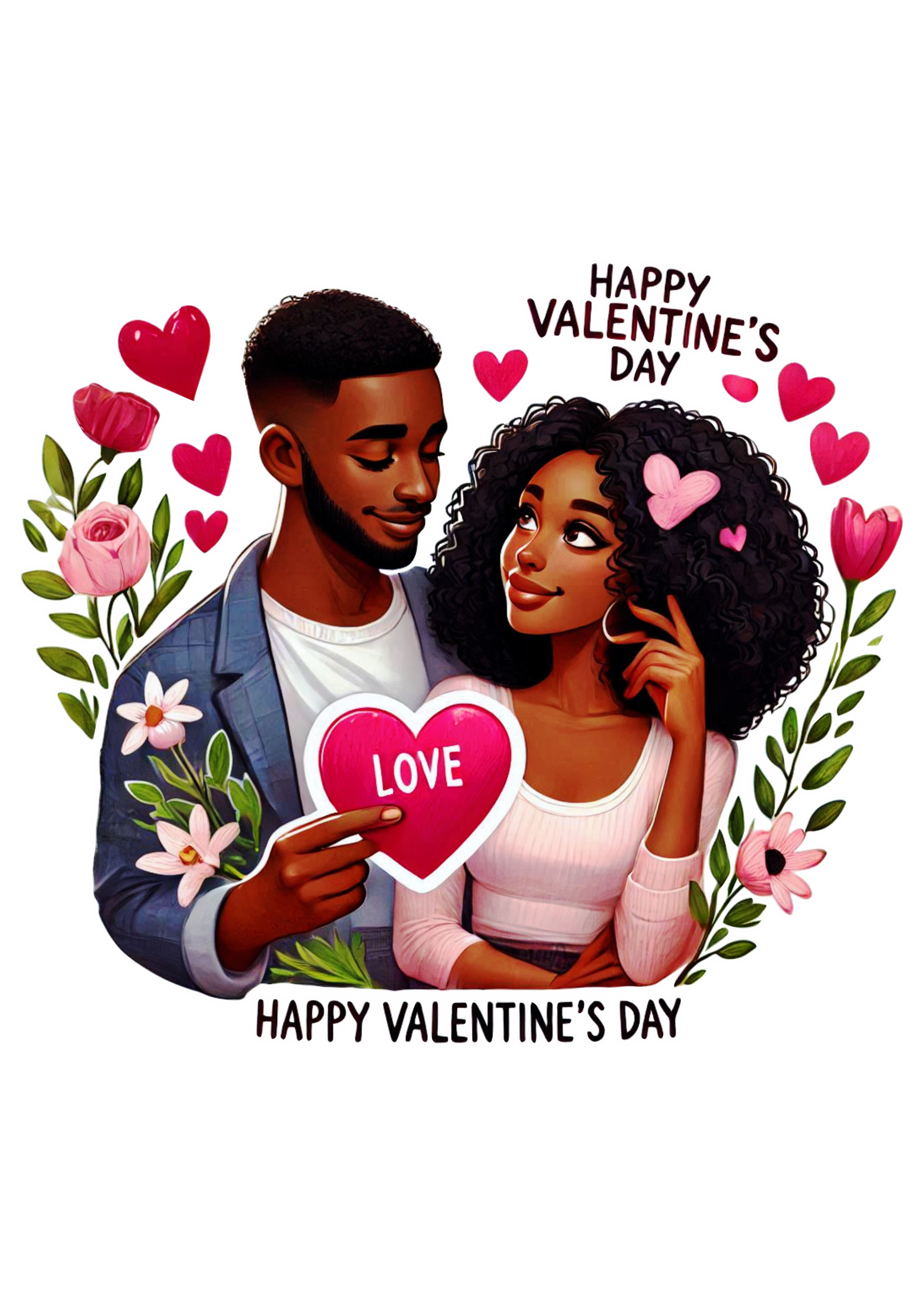 Heart Stickers with Black Couple in Love for Valentines Day Drawing PNG