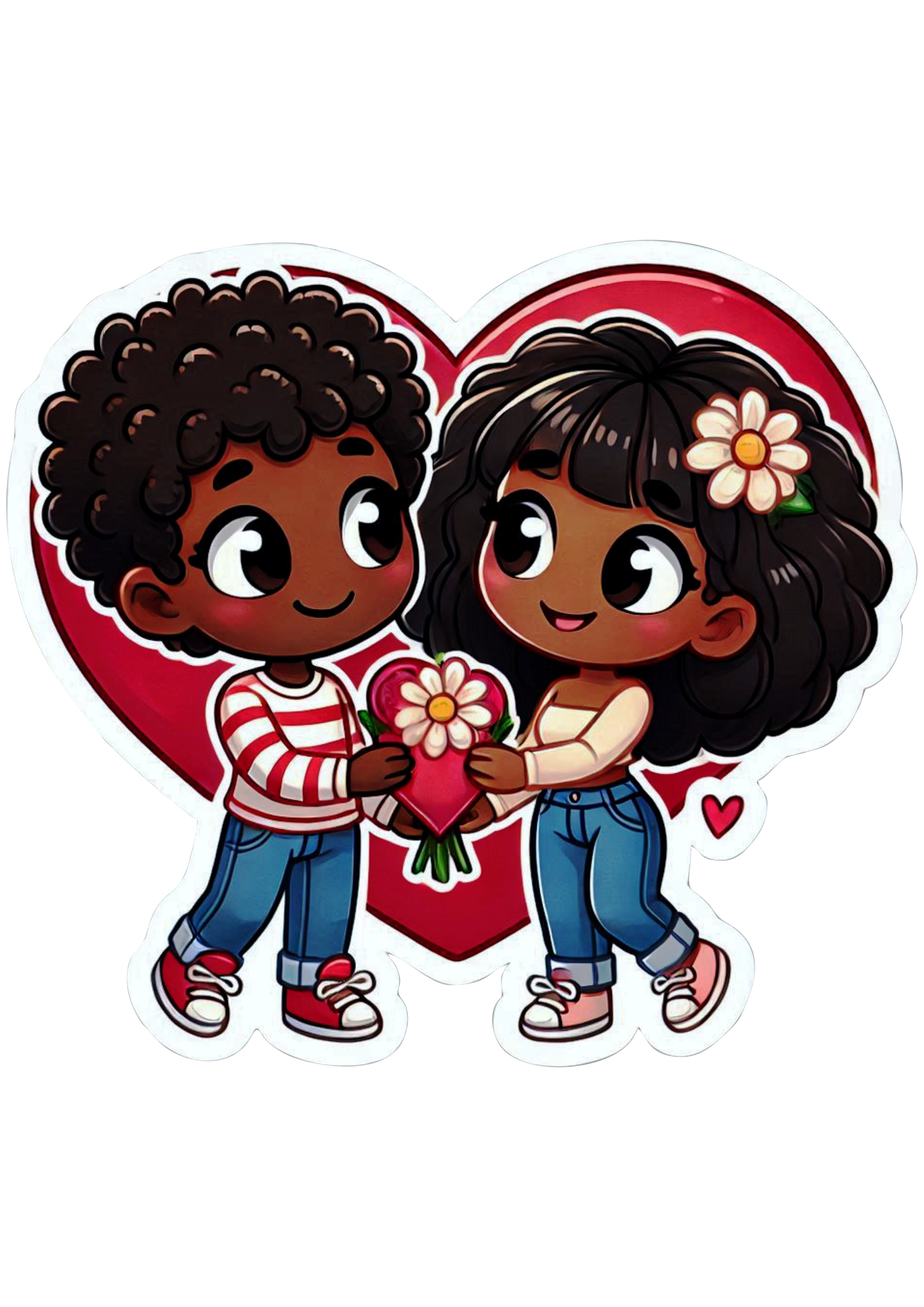 Romantic Heart Stickers Black Couple Illustration for Valentines Day PNG