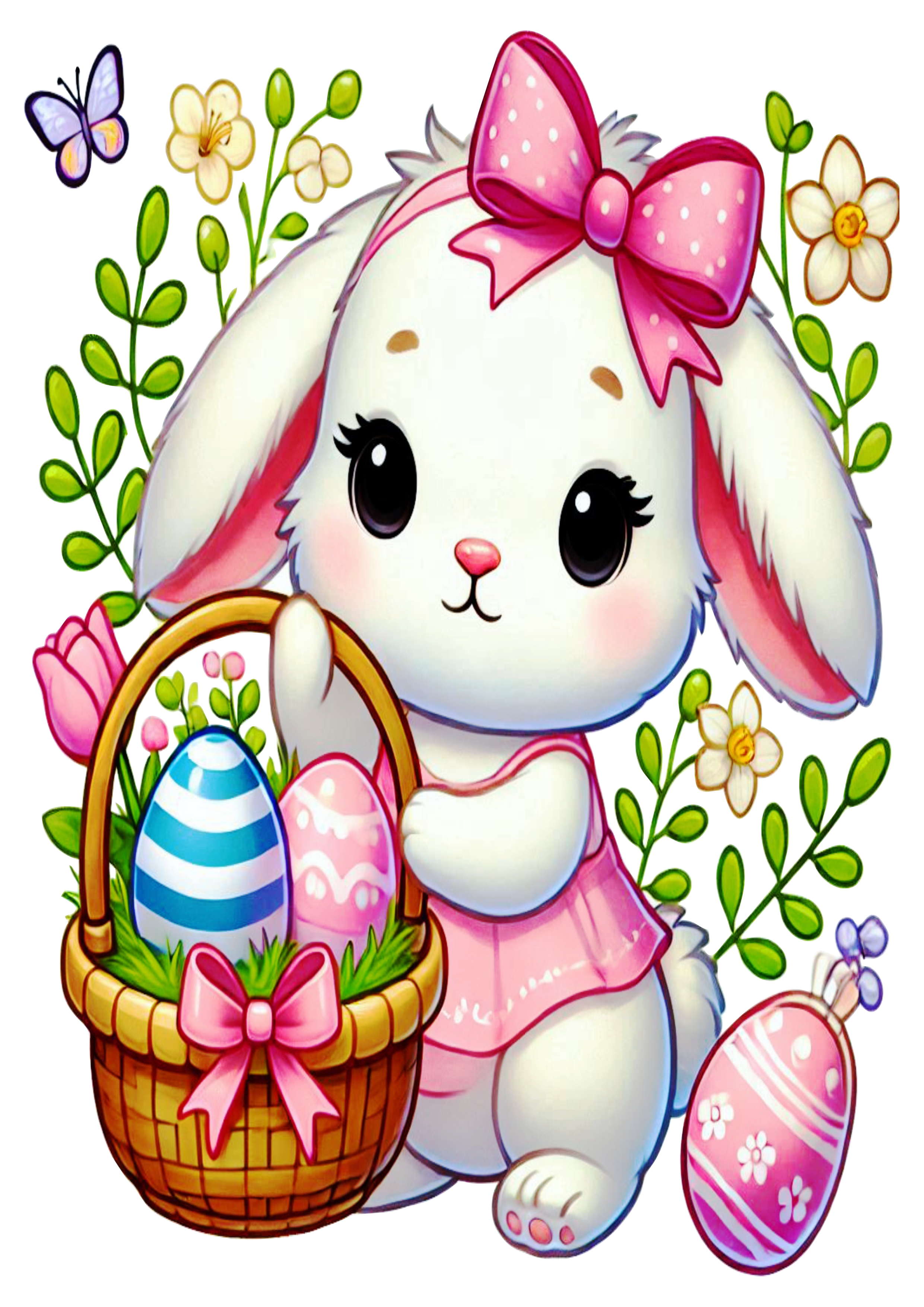 Little bunny easter egg transparent background basket and flowers PNG