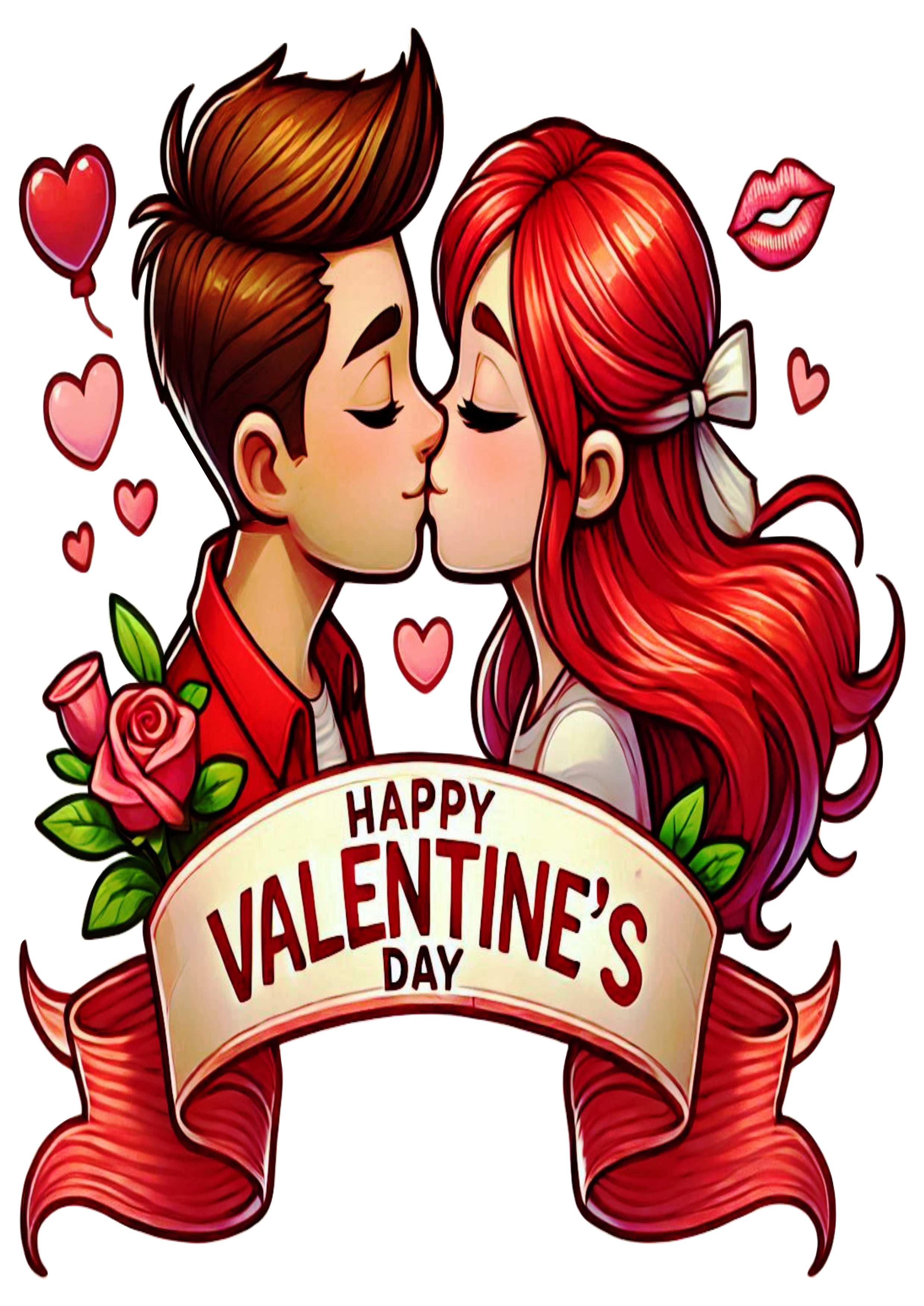 Happy Valentines Day Banner decor cute image kiss couple lovers red hair no background clipart png