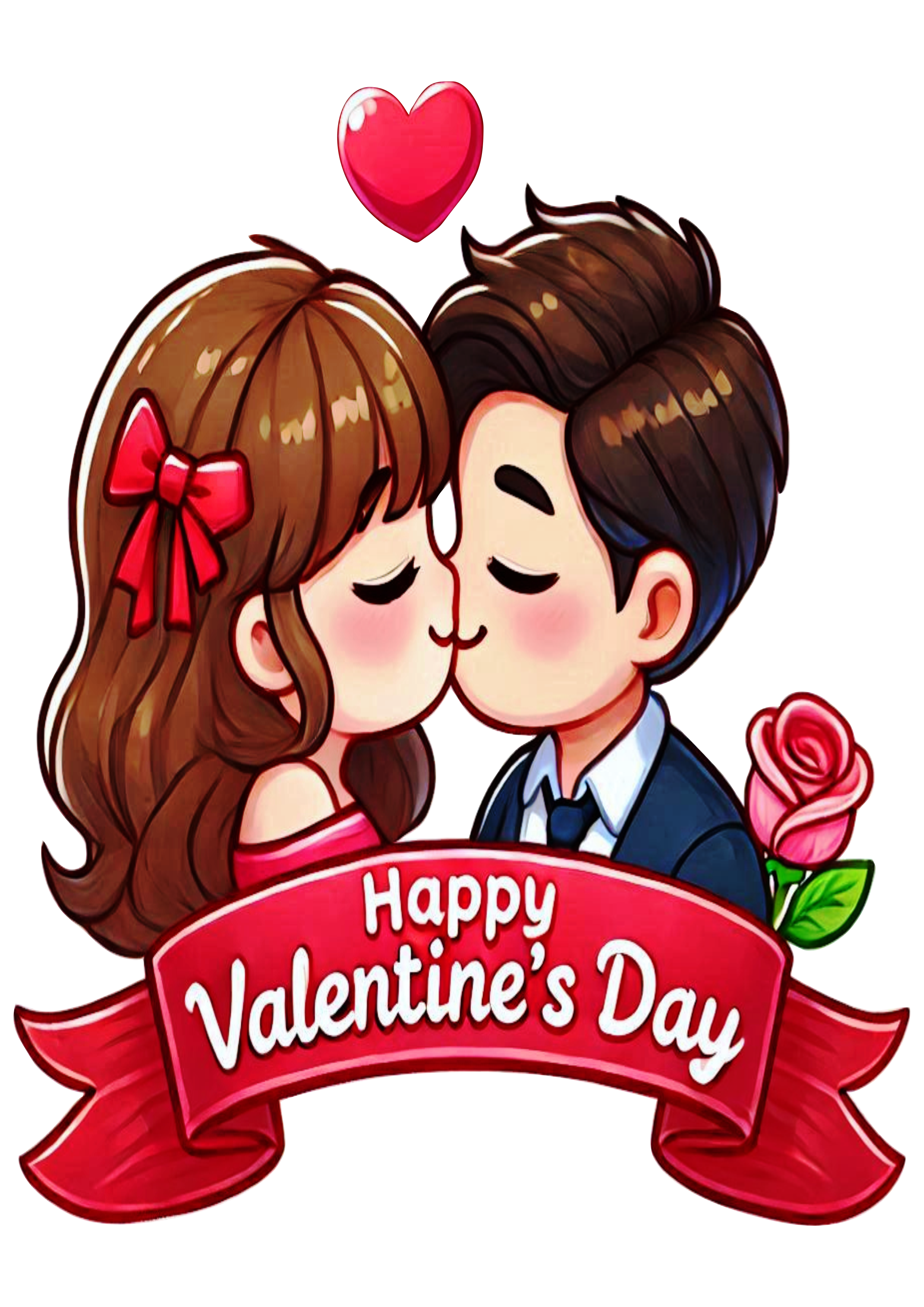 Happy Valentines Day Banner decor cute image kiss couple lovers red hair no background clipart illustration png