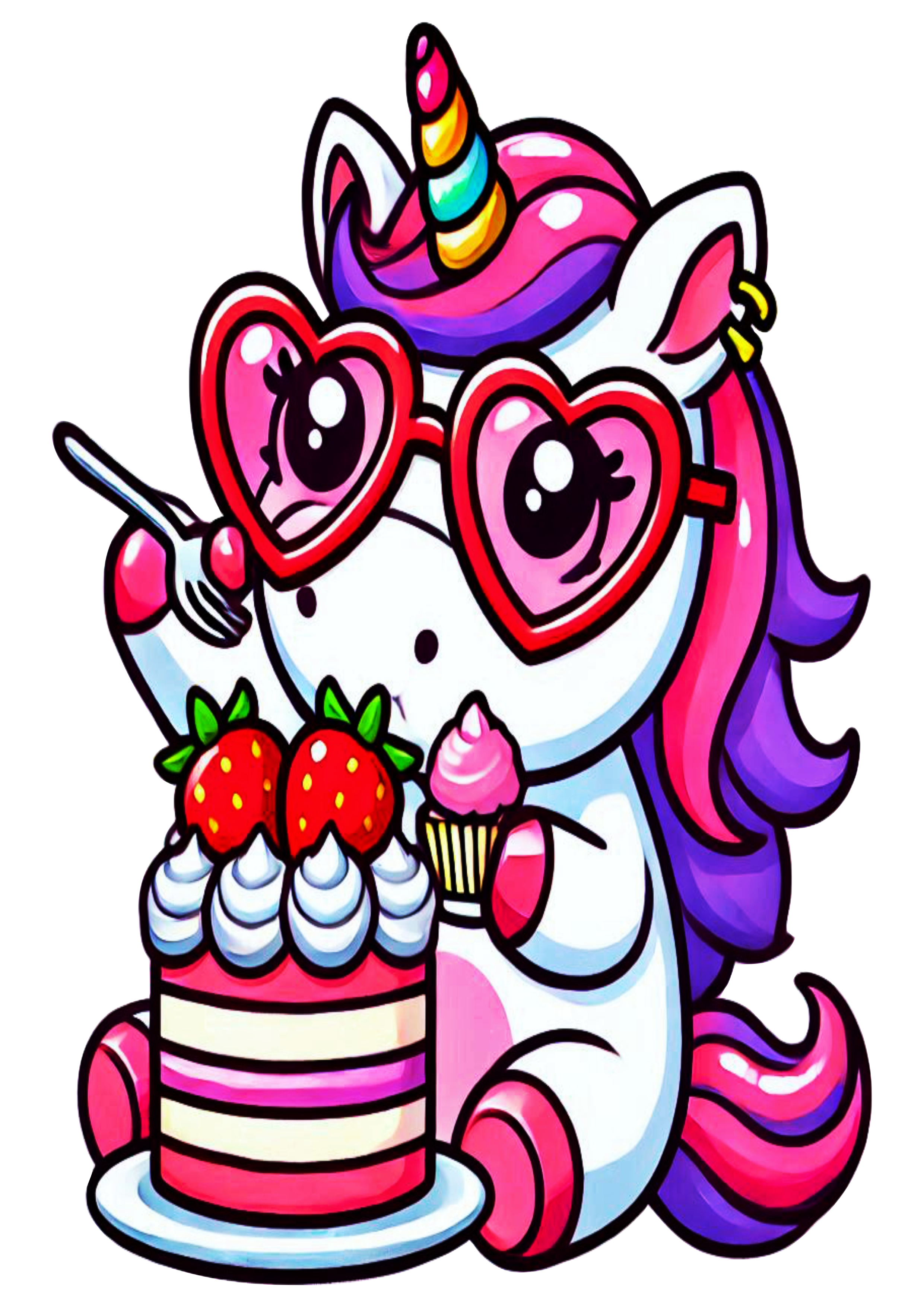 Cute unicorn simple drawing eating cake PNG