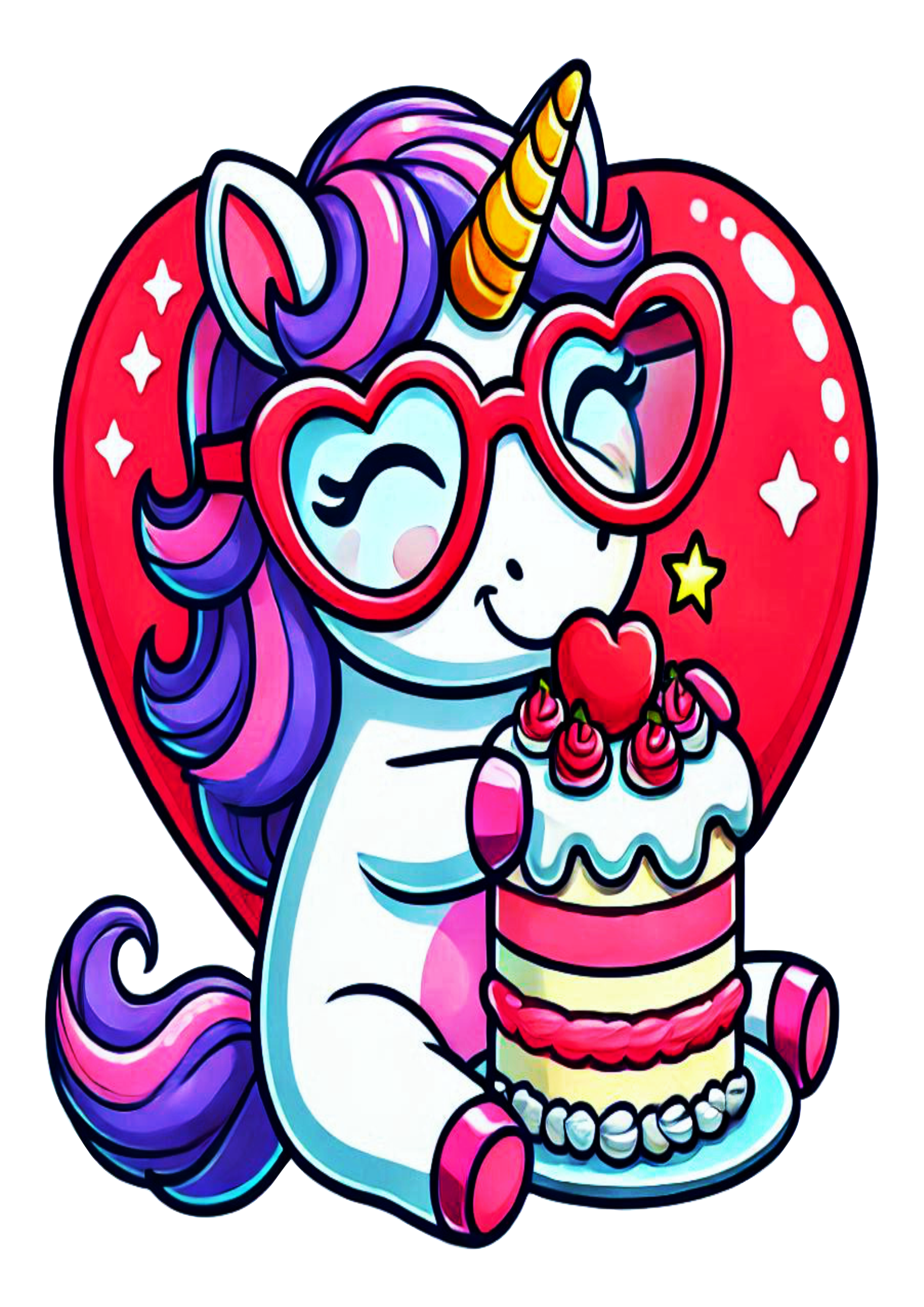 Cute unicorn simple drawing eating cake glasses PNG