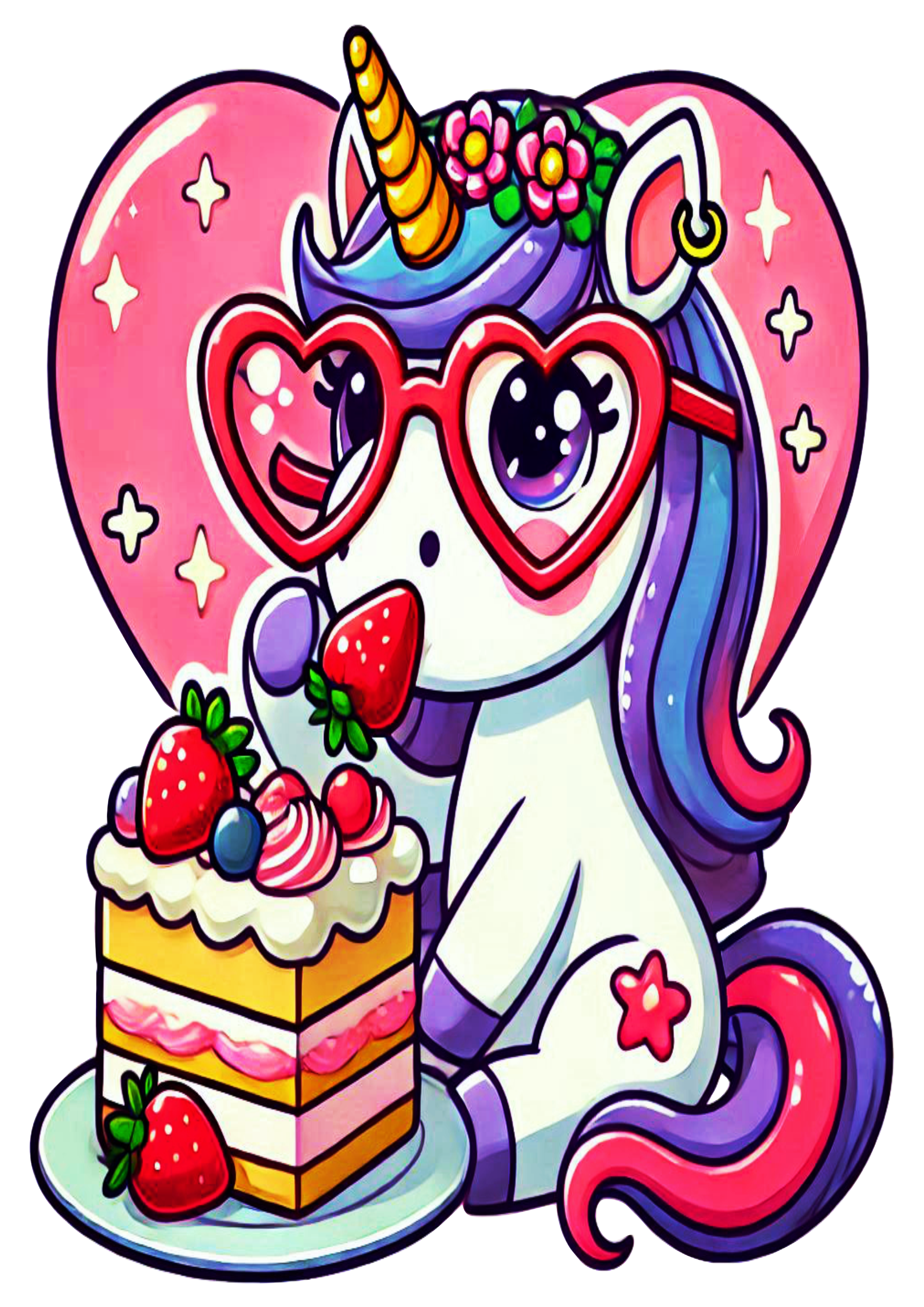 Cute unicorn simple drawing eating cake glasses shaped heart PNG