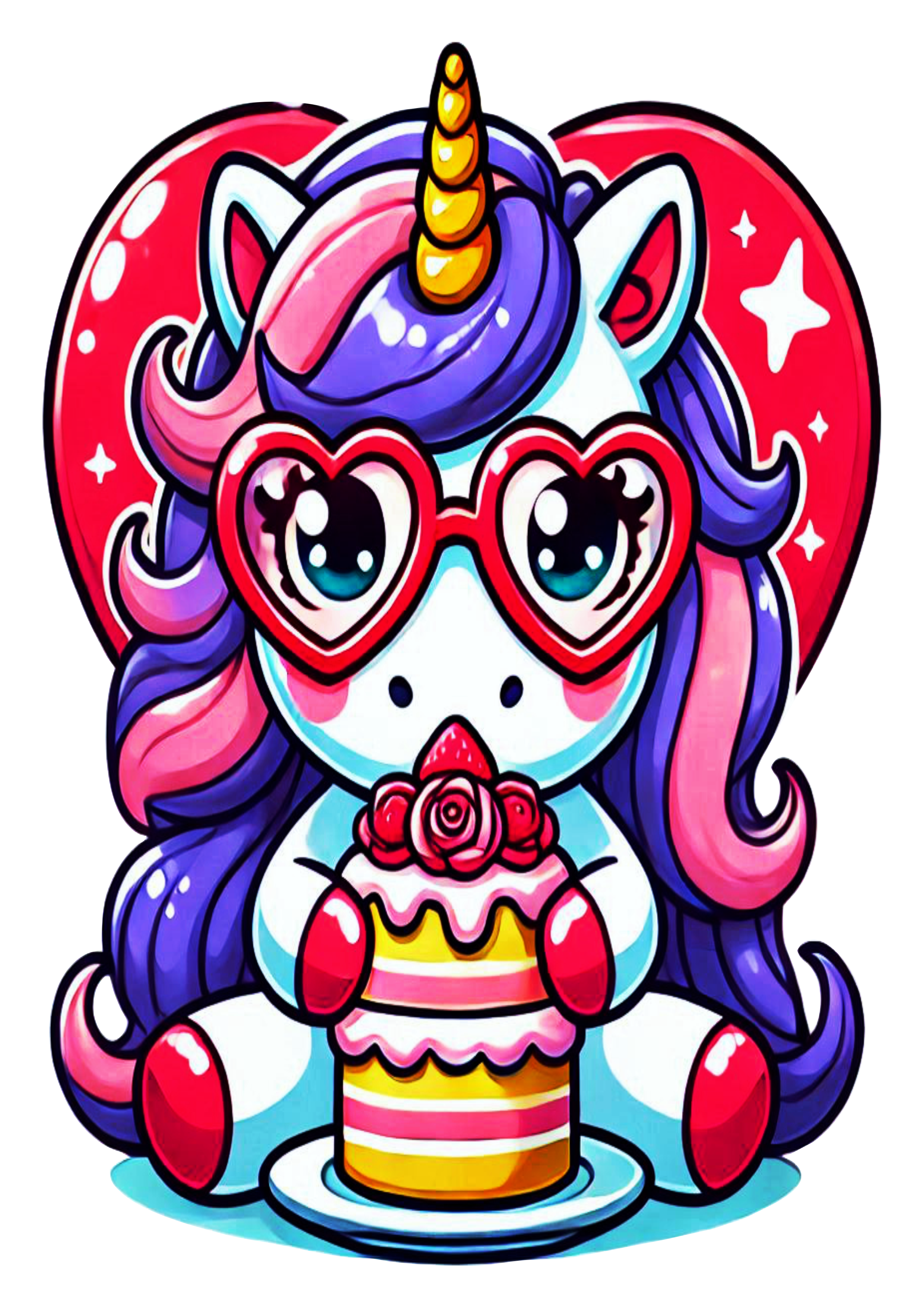 Cute unicorn simple drawing eating cake glasses shaped heart no background PNG