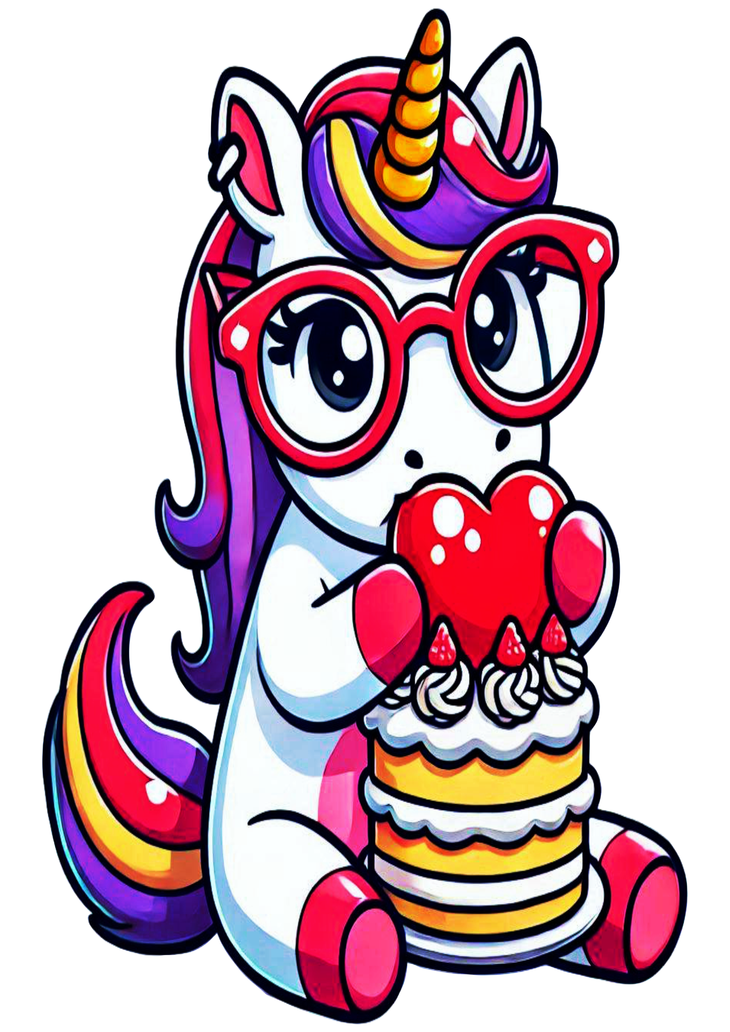 Cute unicorn simple drawing eating cake glasses shaped heart no background clipart PNG