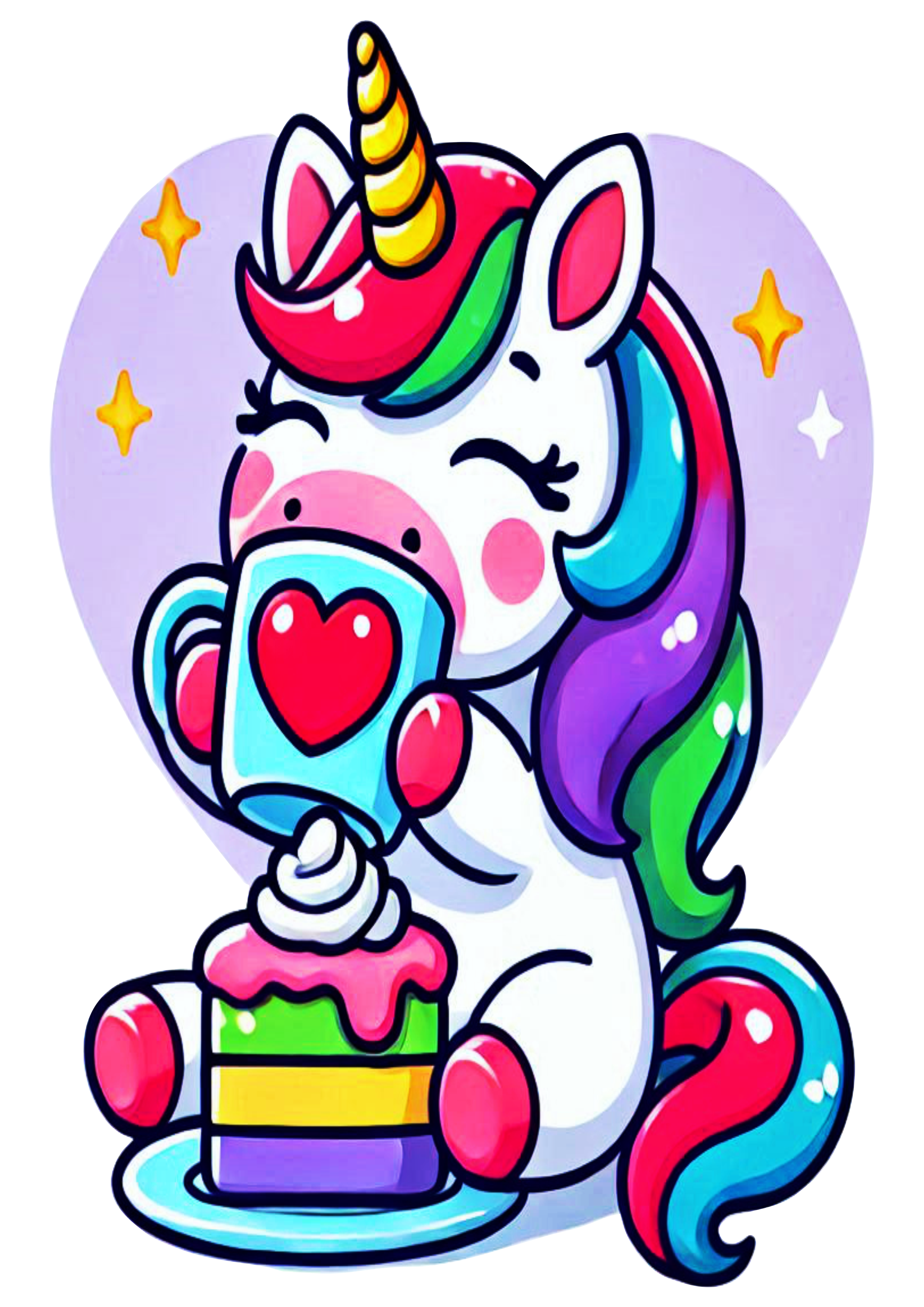 Cute unicorn simple drawing eating cake glasses shaped heart no background clipart illustration PNG