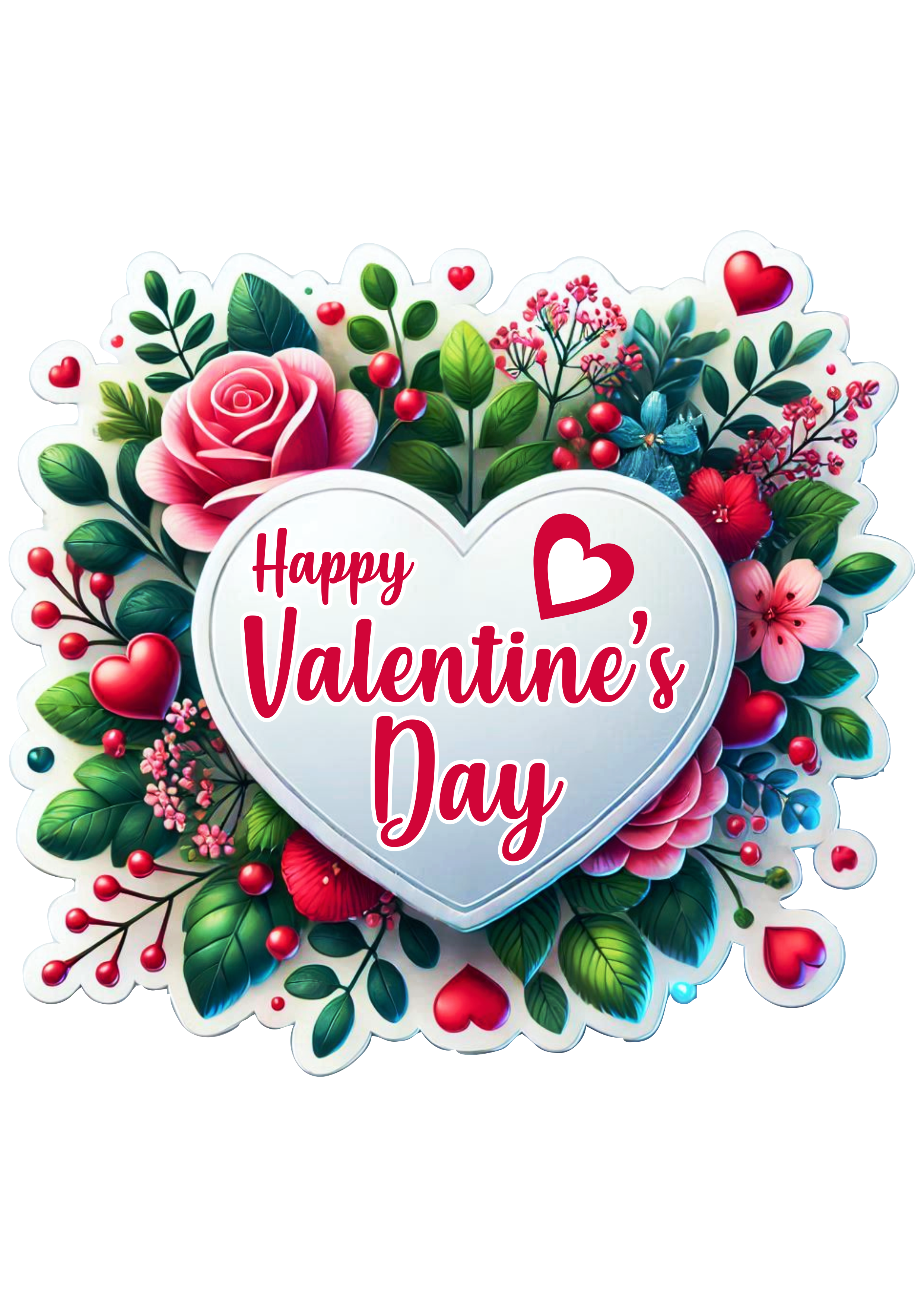 Happy Valentines Day red heart and flowers decor png