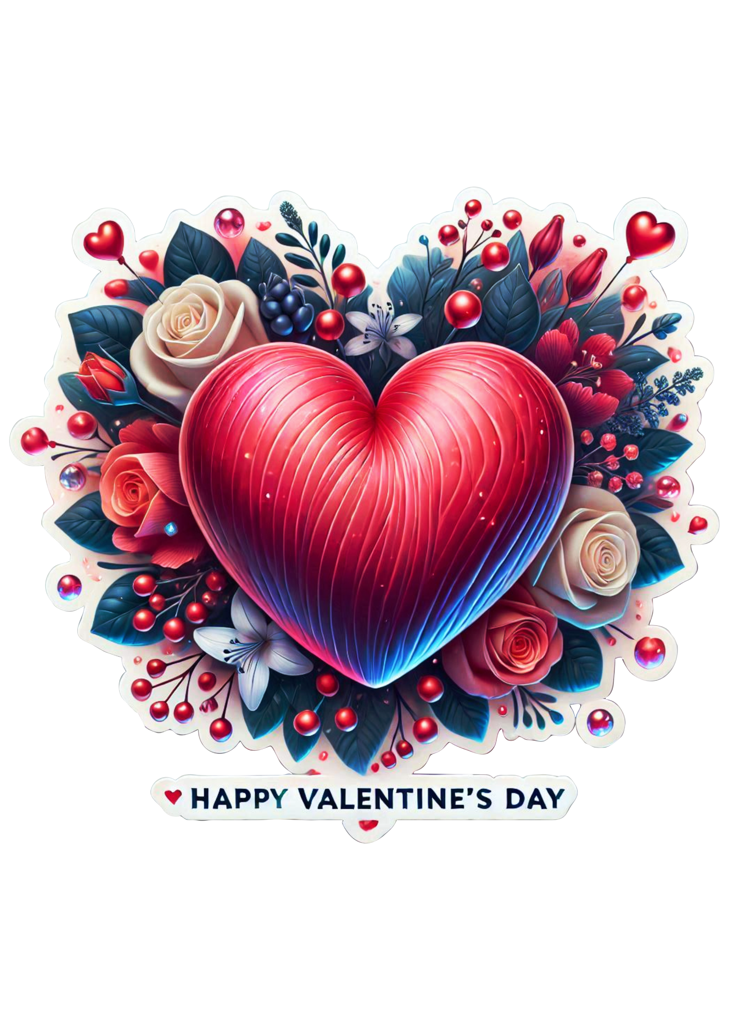 Happy Valentines Day heart and flowers decor illustration png