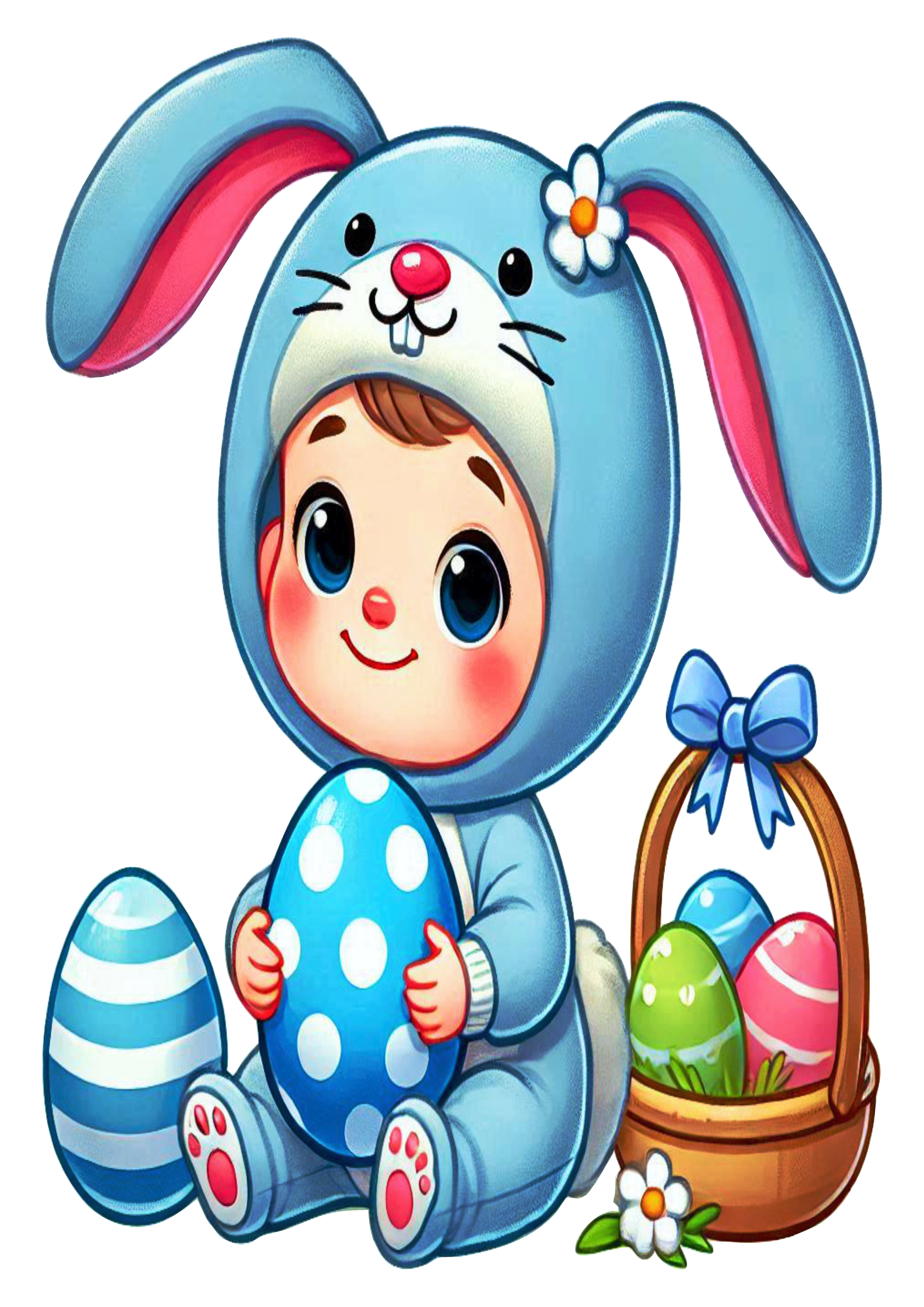 Baby happy easter simple design with basket eggs transparent background drawing illustration PNG