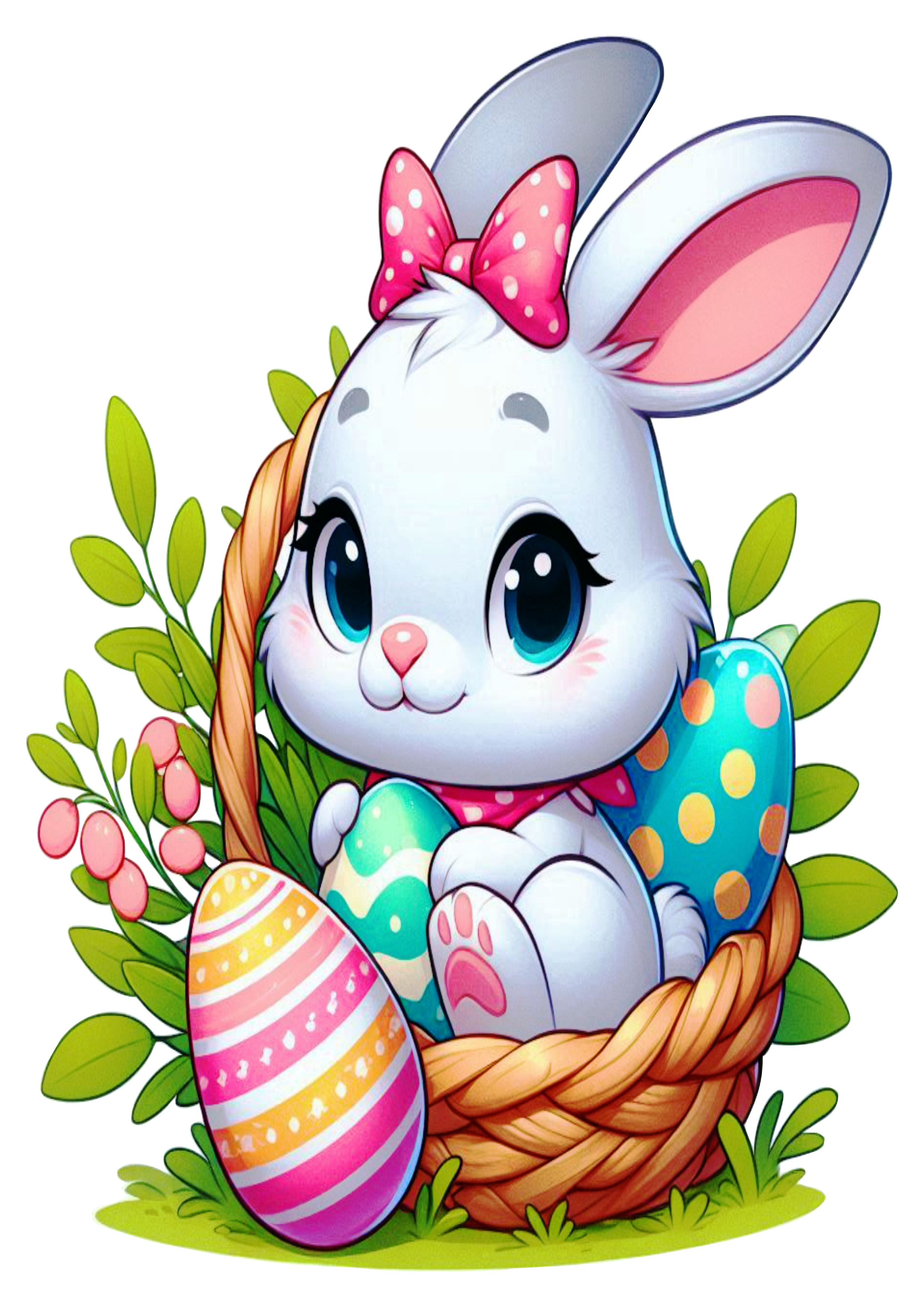 Easter bunny inside at a basket eggs decorative PNG