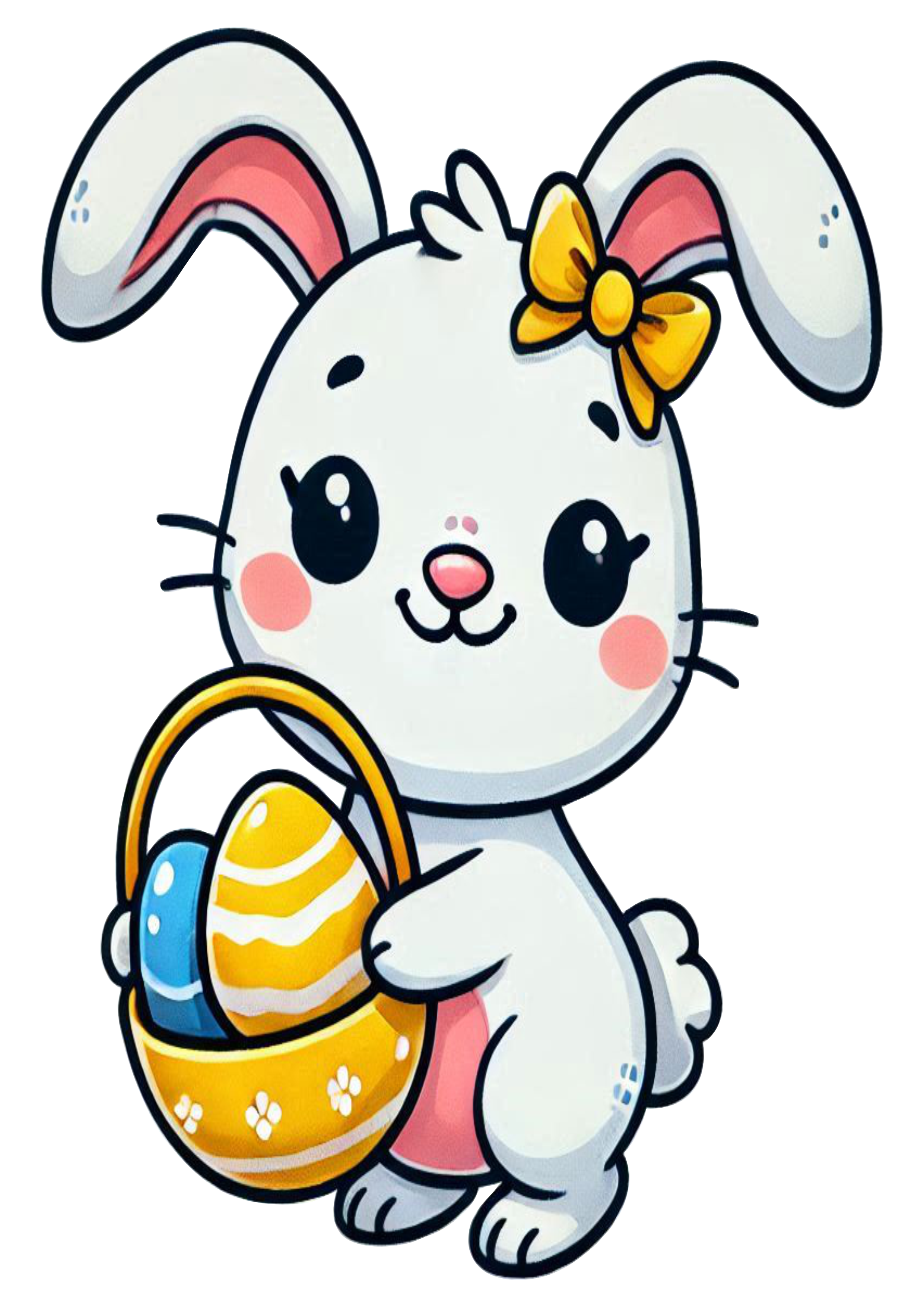 Easter bunny holding a basket eggs and with yellow bow decorative PNG