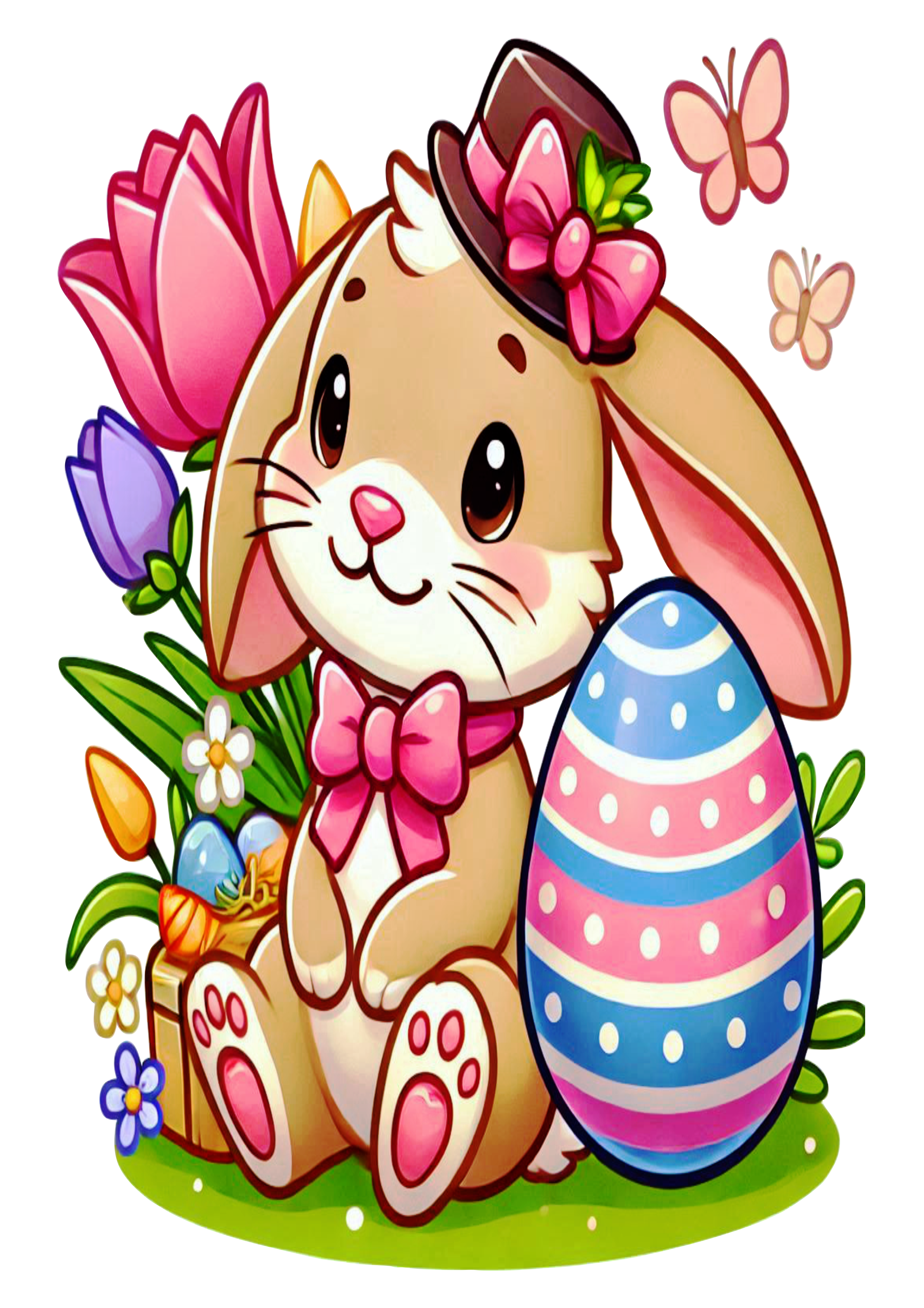 Easter bunny simple drawing flowers butterflies and colored egg PNG