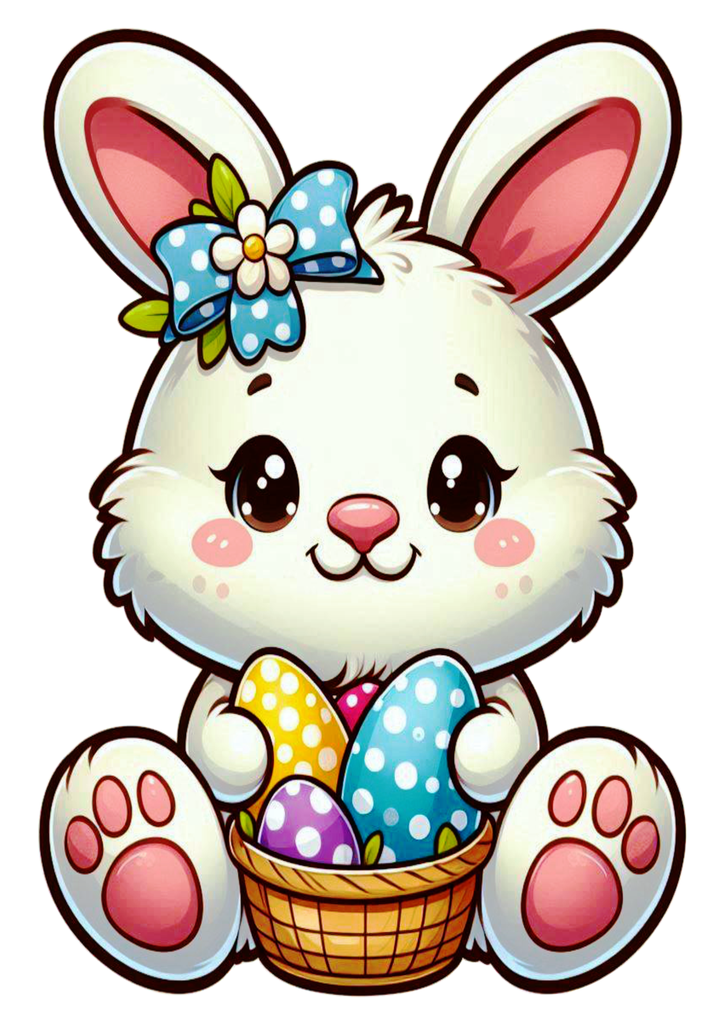 Simple Drawing easter bunny cute illustration with colored basket eggs clipart png